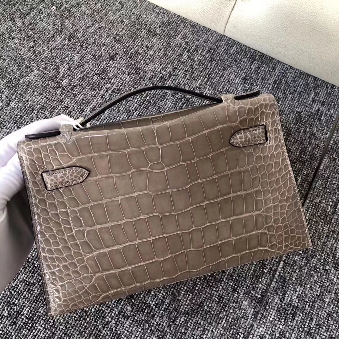 Hermès（爱马仕）MiniKelly 22cm Shiny alligator crocodile 亮面方块 美洲鳄鱼 CK81 斑鸠灰 金扣 现货