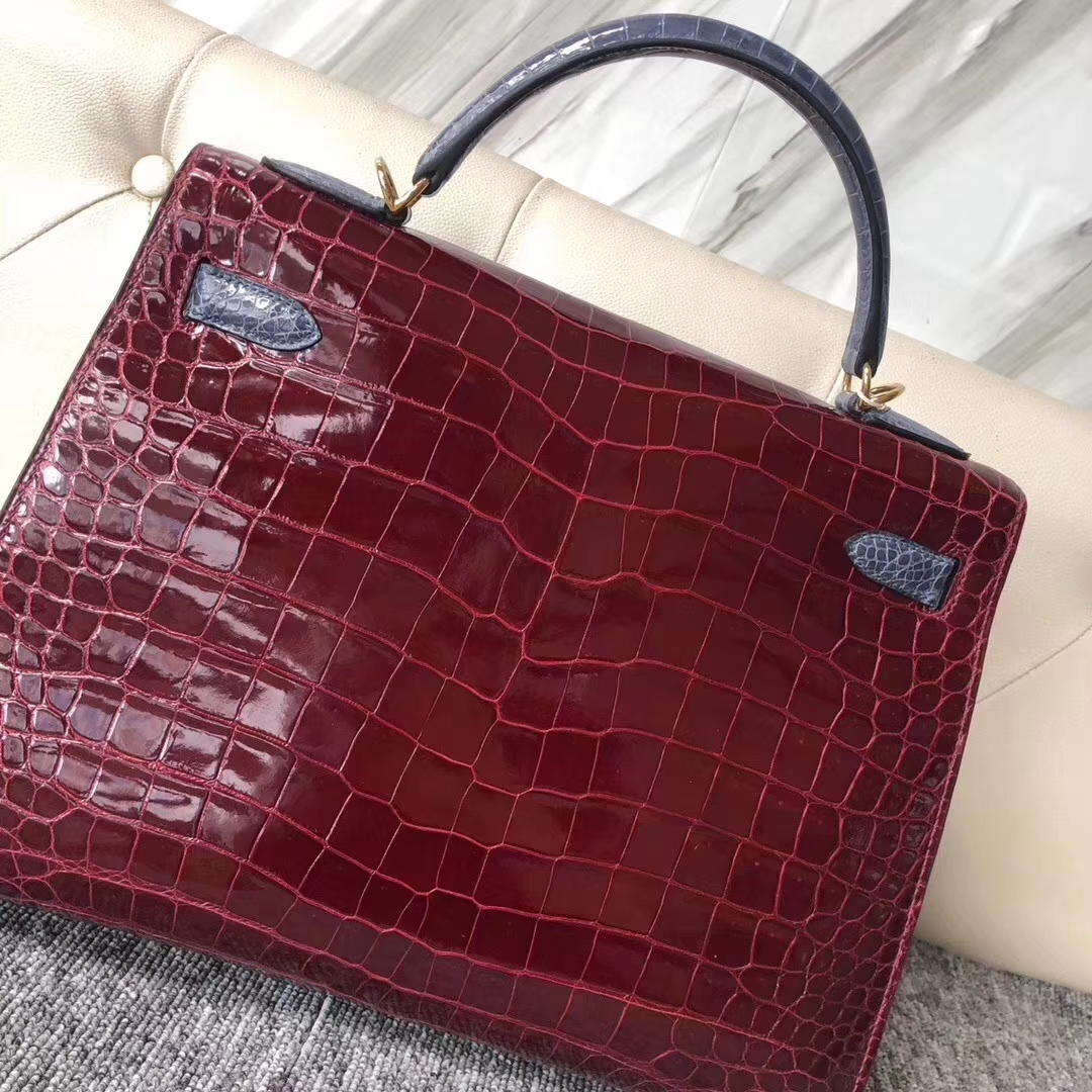 Hermès（爱马仕）Kelly凯莉包 porosus shiny 祖母绿勃艮第酒红风暴蓝金扣 马蹄印 32cm