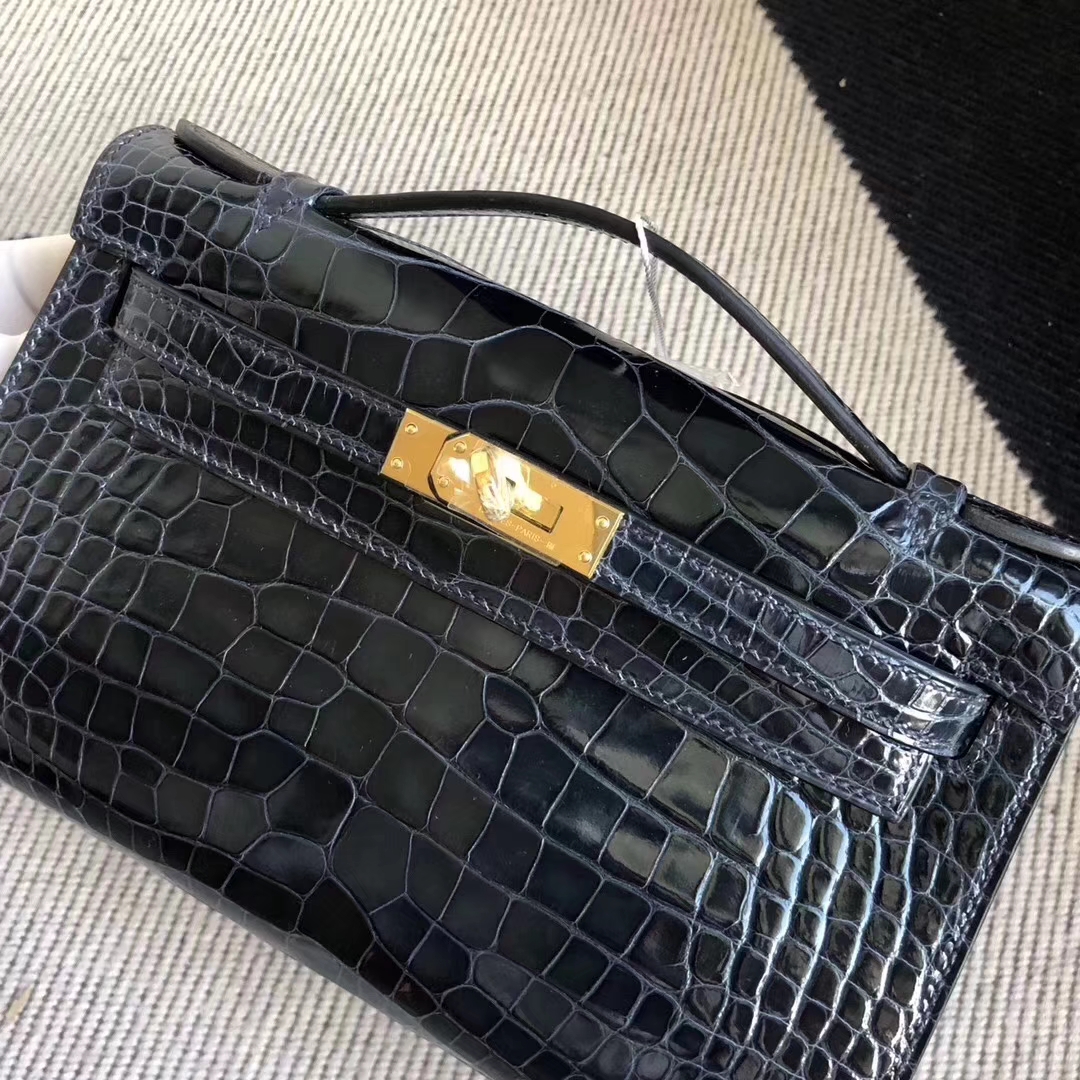 Hermès（爱马仕）MiniKelly 22cm Shiny alligator crocodile 亮面方块 美洲鳄鱼 CK76深海蓝 金扣 现货