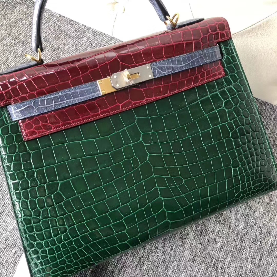 Hermès(爱马仕)Kelly凯莉包 porosus shiny 祖母绿勃艮第酒红风暴蓝金扣 马蹄印 32cm-拉尔森鳄鱼皮具定制 - 爱马仕包包官网 Hermès(爱马仕)Kelly凯莉包 porosus shiny 祖母绿勃艮第酒红风暴蓝金扣 马蹄印 32cm