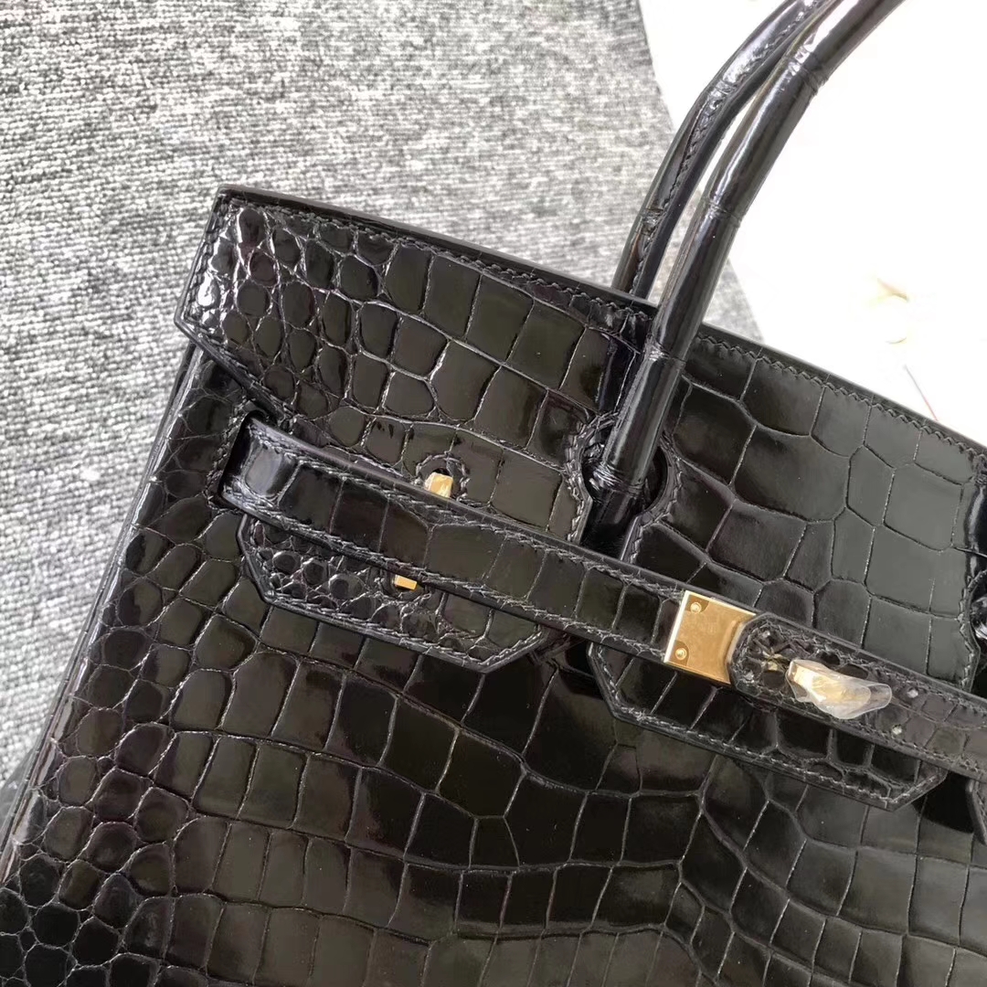 Hermès（爱马仕）Birkin铂金包 Porosus shiny 亮面澳洲湾鳄 ck89 黑色 noir 金扣 30cm