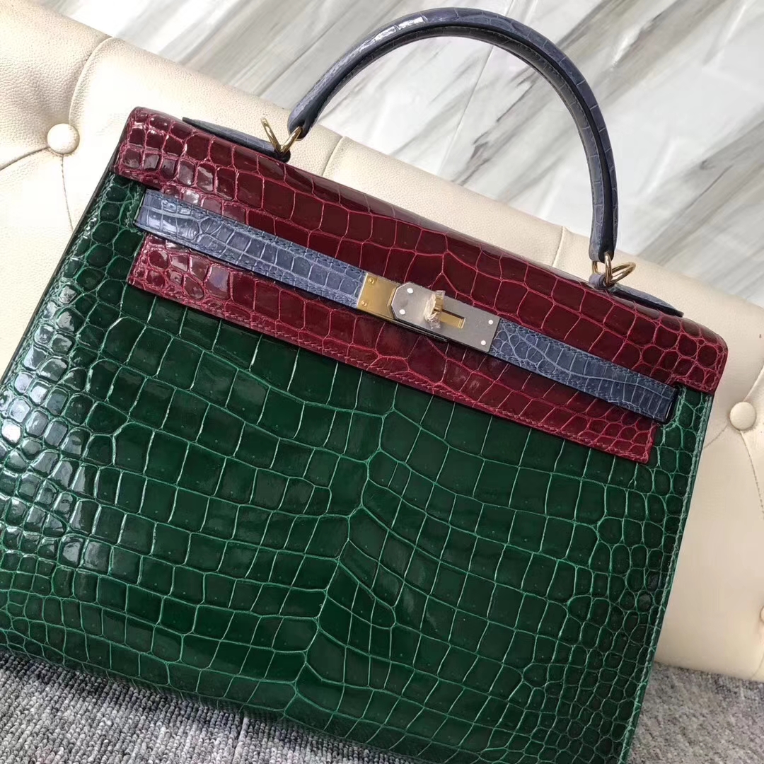 Hermès（爱马仕）Kelly凯莉包 porosus shiny 祖母绿勃艮第酒红风暴蓝金扣 马蹄印 32cm