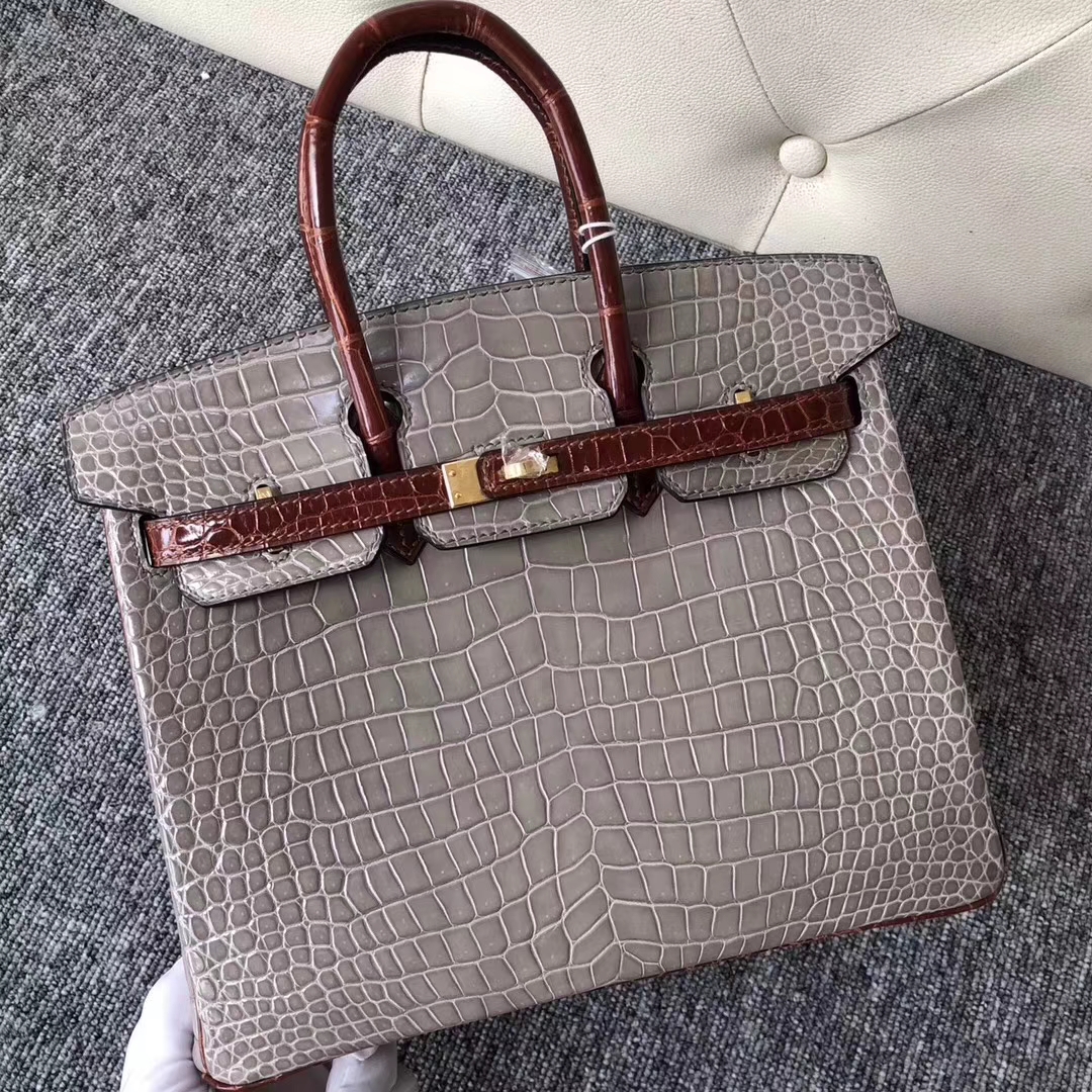 Hermès（爱马仕）Birkin铂金包 Porosus shiny 亮面澳洲鳄鱼 ck81 斑鸠灰  ck31 蜜糖棕 金扣 25cm
