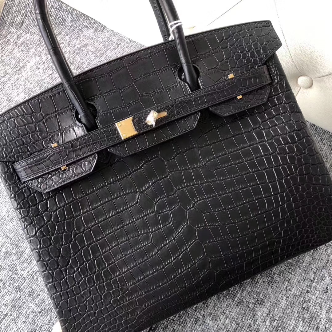 Hermès（爱马仕）Birkin铂金包 porosus matt 雾面澳洲湾鳄 ck89 黑色 noir 金扣 30cm