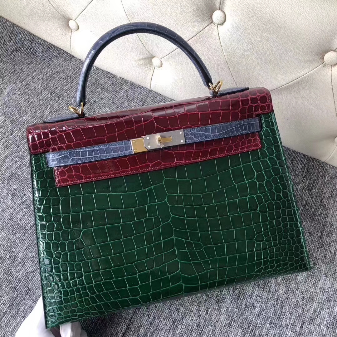 Hermès（爱马仕）Kelly凯莉包 porosus shiny 祖母绿勃艮第酒红风暴蓝金扣 马蹄印 32cm