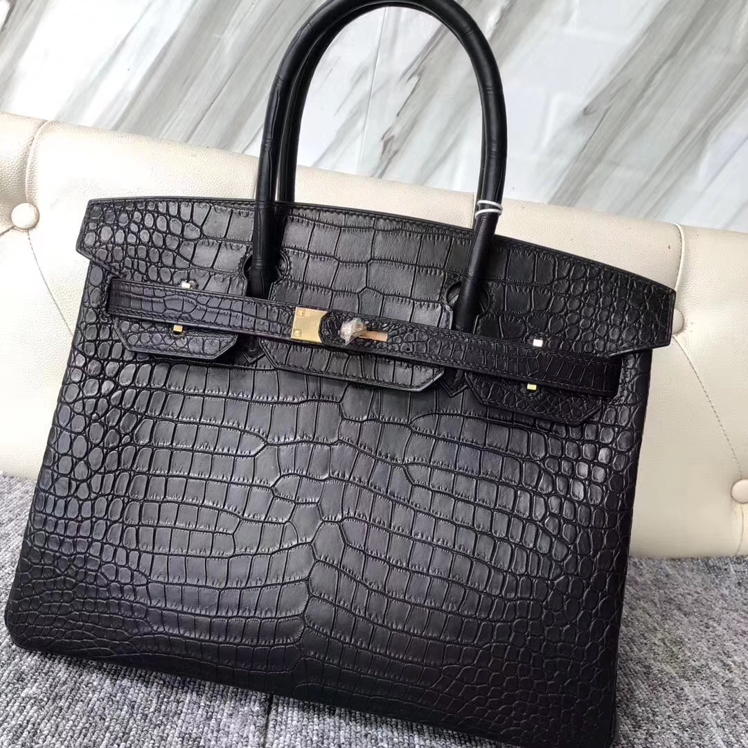 Hermès（爱马仕）Birkin铂金包 porosus matt 雾面澳洲湾鳄 ck89 黑色 noir 金扣 30cm