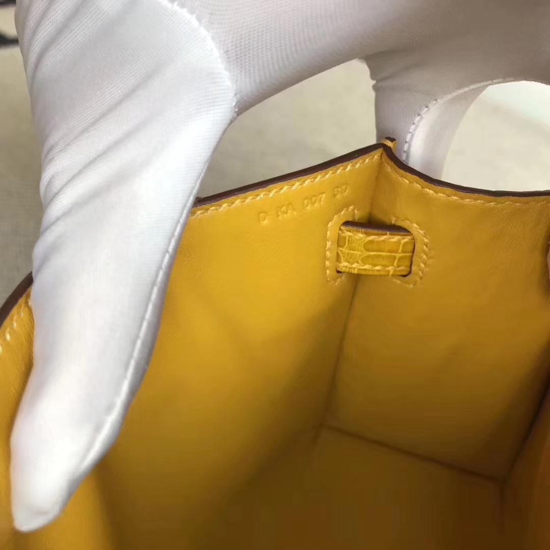 Hermès（爱马仕）MiniKelly 22cm Shiny alligator crocodile 亮面方块 美洲鳄鱼 9D琥珀黄 金扣 现货