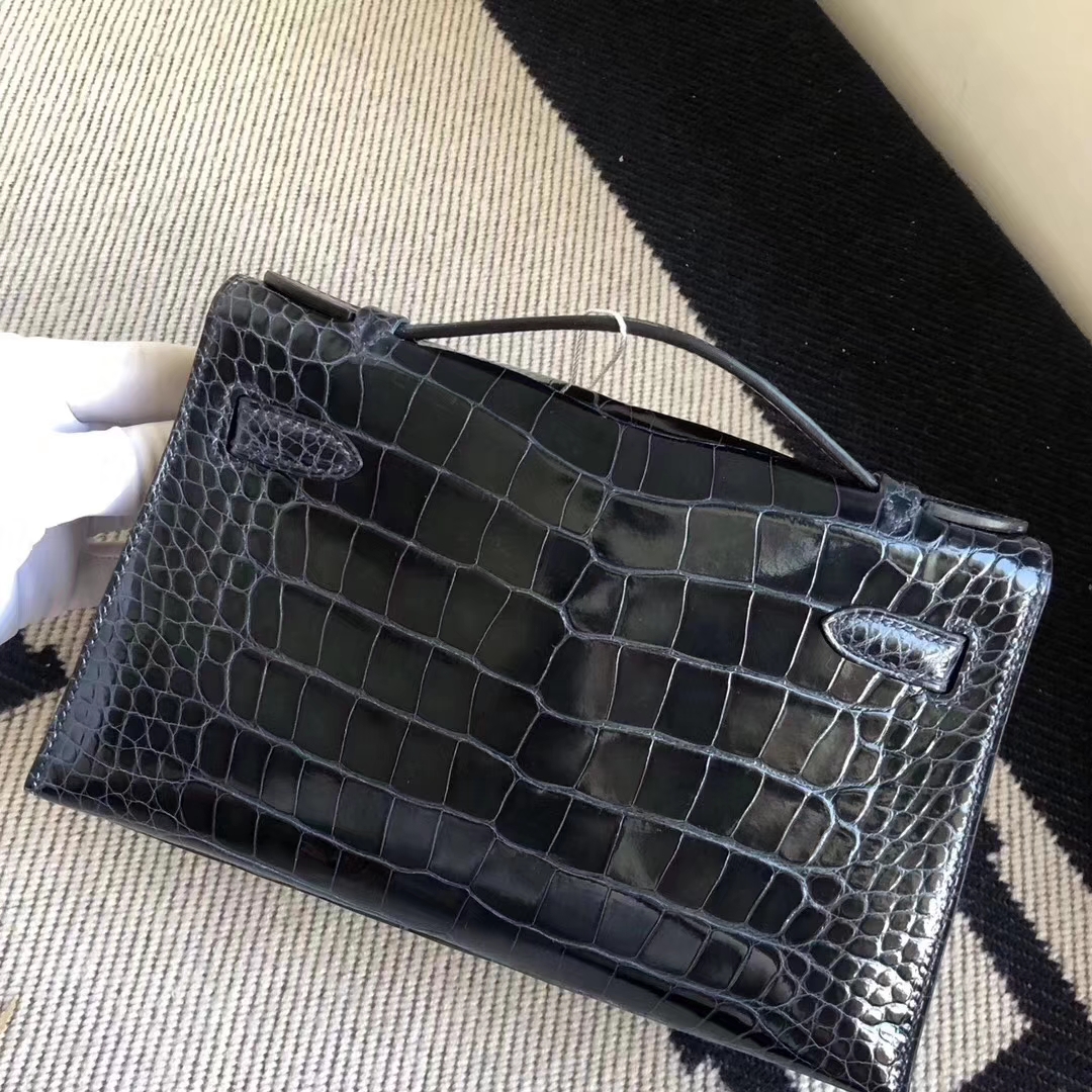 Hermès（爱马仕）MiniKelly 22cm Shiny alligator crocodile 亮面方块 美洲鳄鱼 CK76深海蓝 金扣 现货