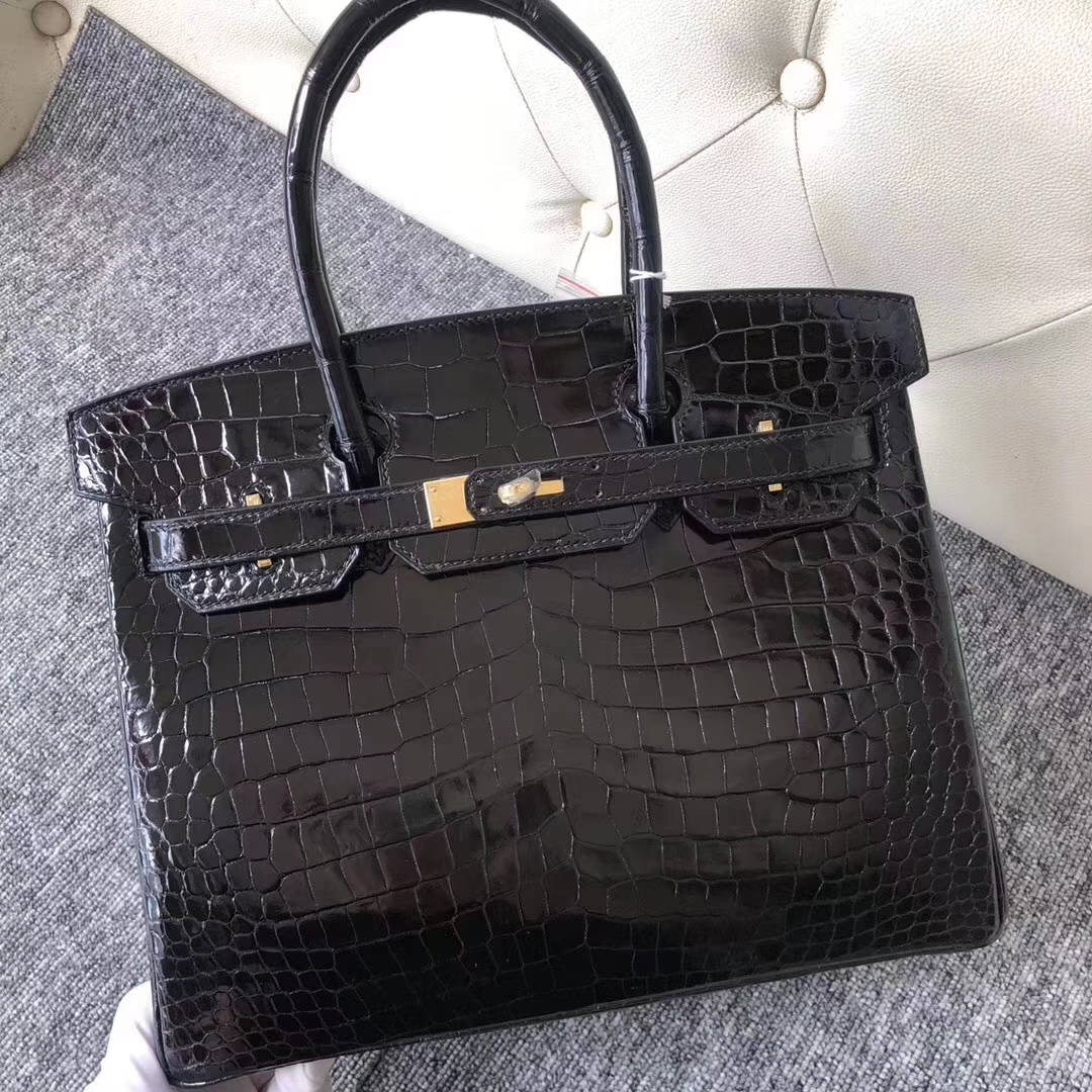 Hermès（爱马仕）Birkin铂金包 Porosus shiny 亮面澳洲湾鳄 ck89 黑色 noir 金扣 30cm