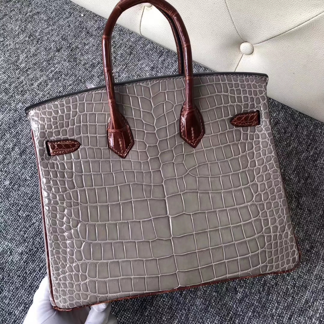 Hermès（爱马仕）Birkin铂金包 Porosus shiny 亮面澳洲鳄鱼 ck81 斑鸠灰  ck31 蜜糖棕 金扣 25cm