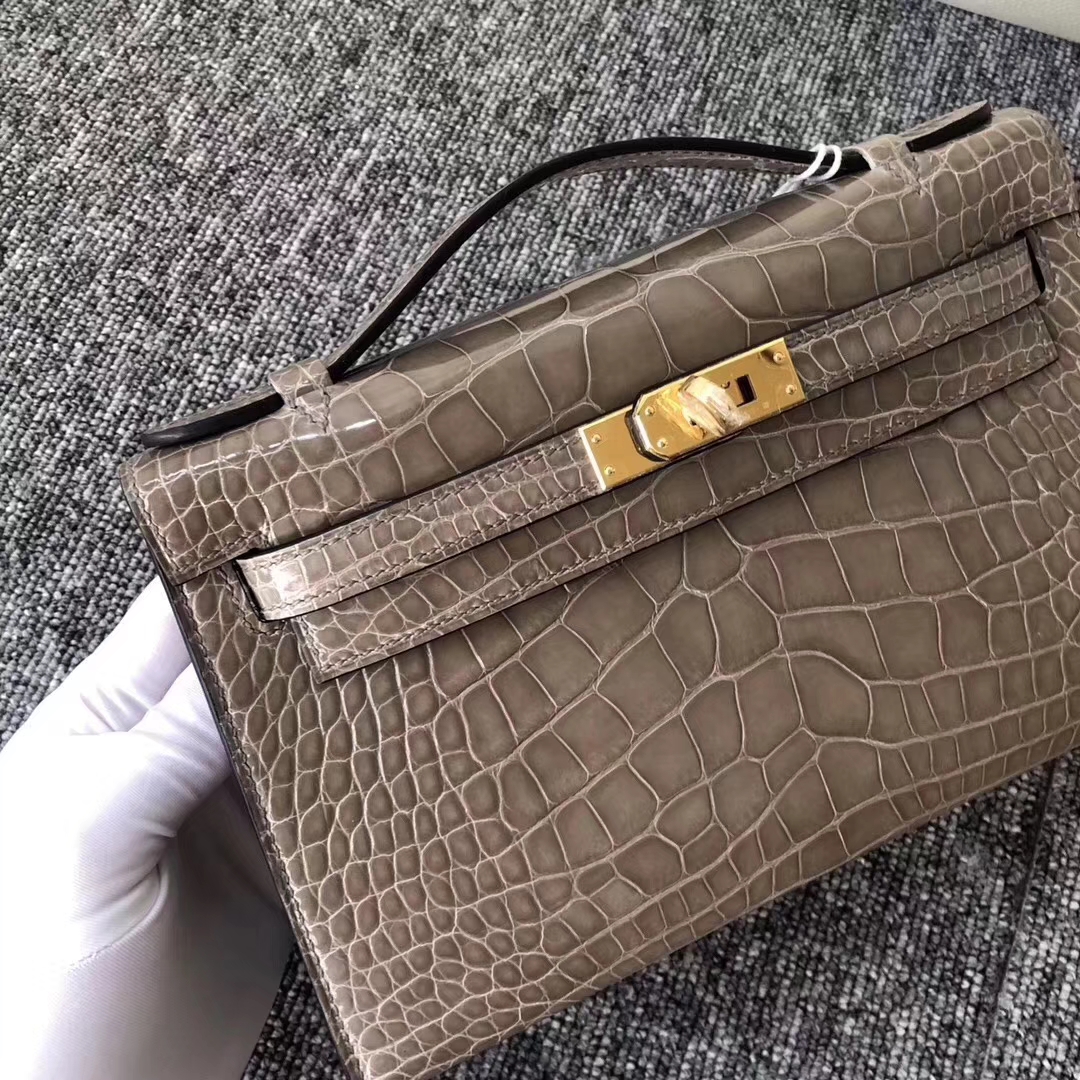 Hermès（爱马仕）MiniKelly 22cm Shiny alligator crocodile 亮面方块 美洲鳄鱼 CK81 斑鸠灰 金扣 现货