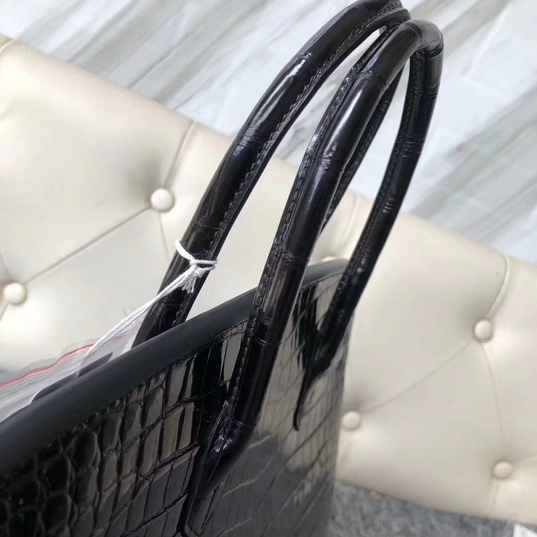 Hermès（爱马仕）Birkin铂金包 Porosus shiny 亮面澳洲湾鳄 ck89 黑色 noir 金扣 30cm