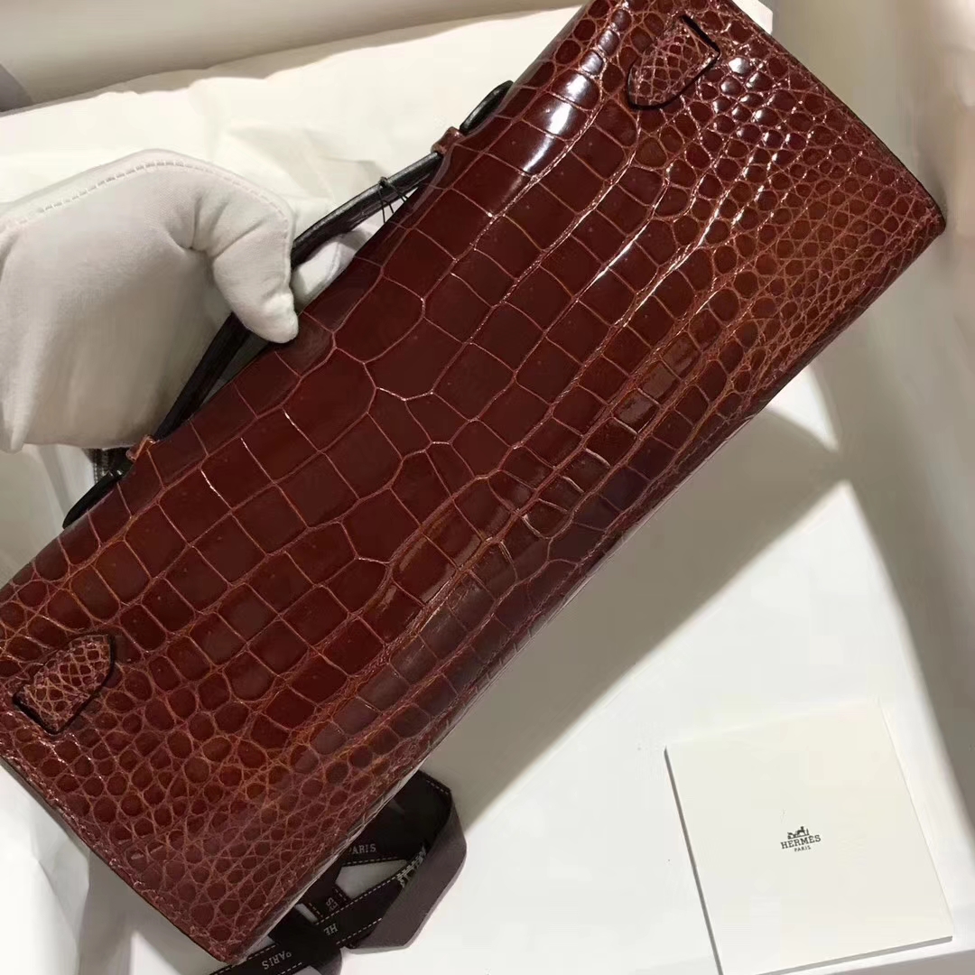 Hermès（爱马仕）Kellycut 31cm 亮面倒V 澳洲湾鳄 Shiny porosus crocodile CC31蜜糖棕 Meile 金扣