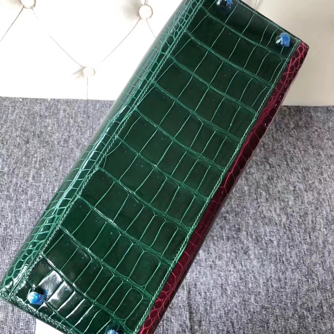 Hermès（爱马仕）Kelly凯莉包 porosus shiny 祖母绿勃艮第酒红风暴蓝金扣 马蹄印 32cm