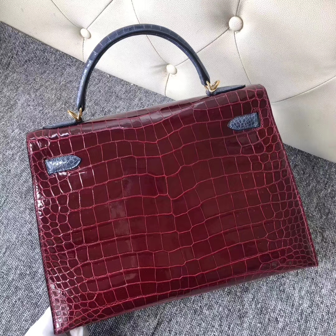 Hermès（爱马仕）Kelly凯莉包 porosus shiny 祖母绿勃艮第酒红风暴蓝金扣 马蹄印 32cm