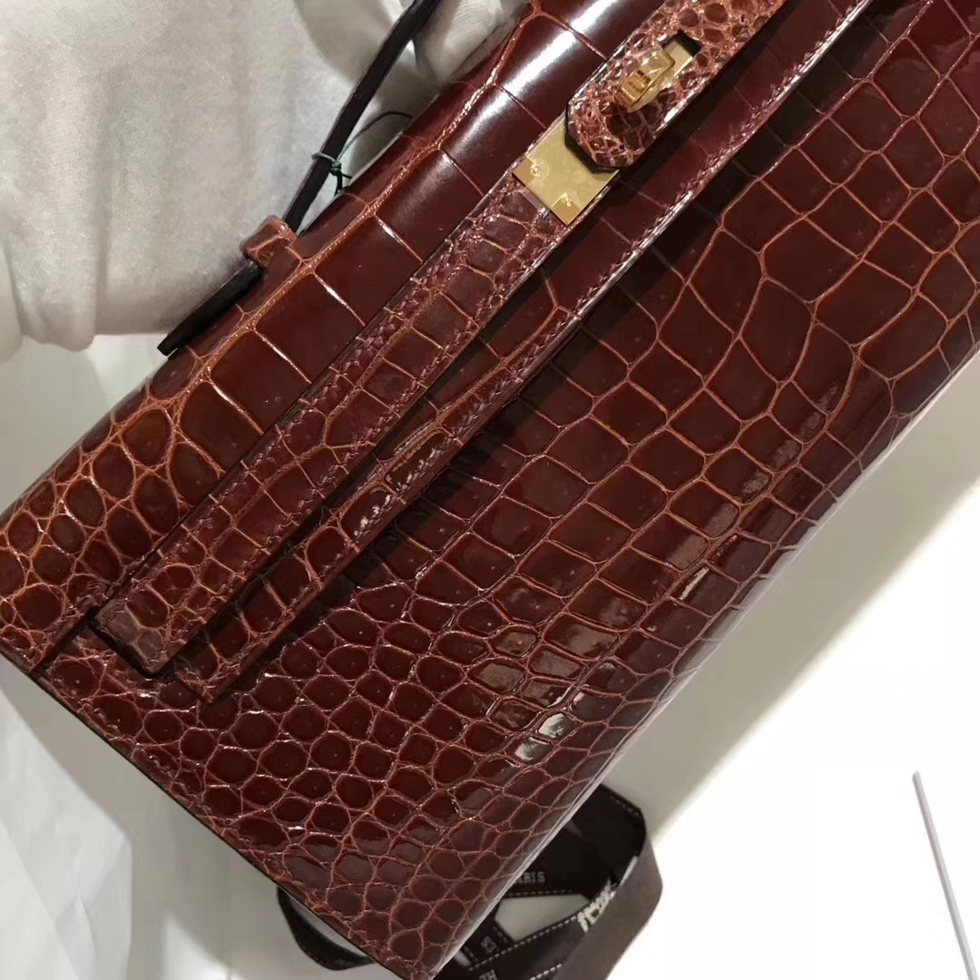 Hermès（爱马仕）Kellycut 31cm 亮面倒V 澳洲湾鳄 Shiny porosus crocodile CC31蜜糖棕 Meile 金扣