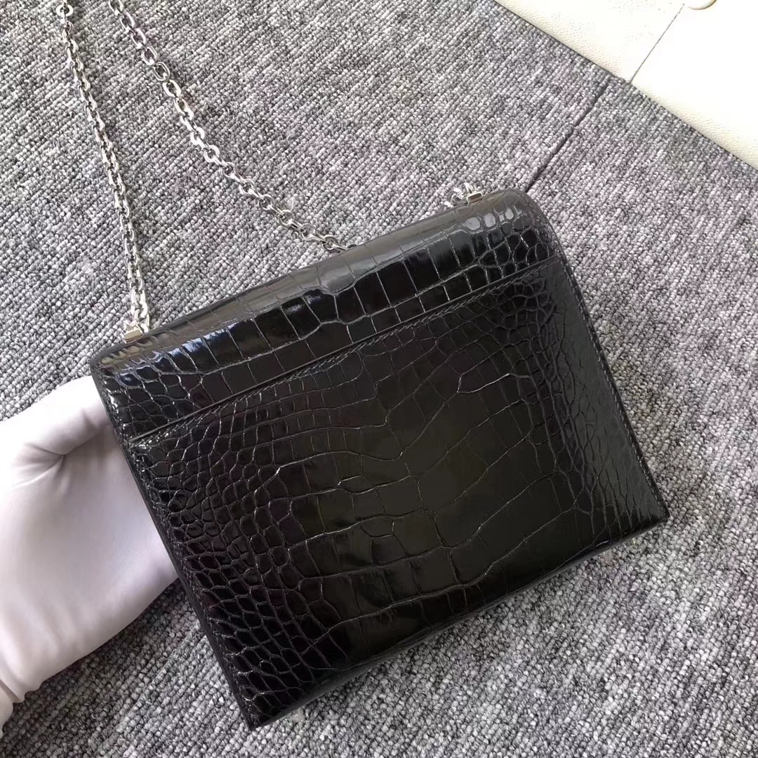 Hermès（爱马仕）定制款！Verrou17.5cm 手枪包 Alligator shiny 亮面鳄鱼 ck89 黑色 noir 银扣