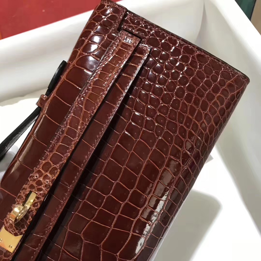 Hermès（爱马仕）Kellycut 31cm 亮面倒V 澳洲湾鳄 Shiny porosus crocodile CC31蜜糖棕 Meile 金扣
