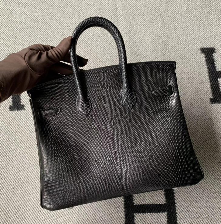 Hermès（爱马仕）Birkin铂金包 黑色 精选顶级蜥蜴皮 银扣 25cm