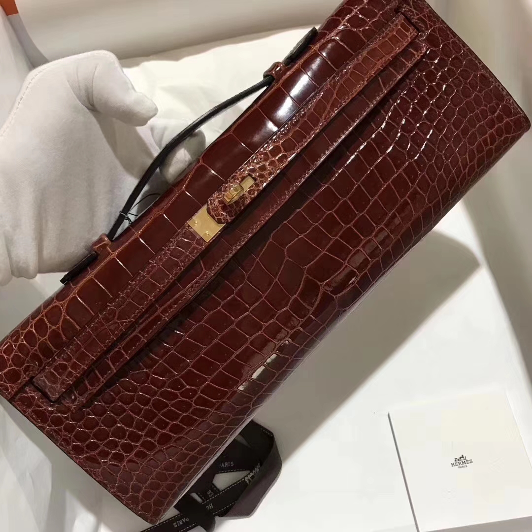Hermès（爱马仕）Kellycut 31cm 亮面倒V 澳洲湾鳄 Shiny porosus crocodile CC31蜜糖棕 Meile 金扣