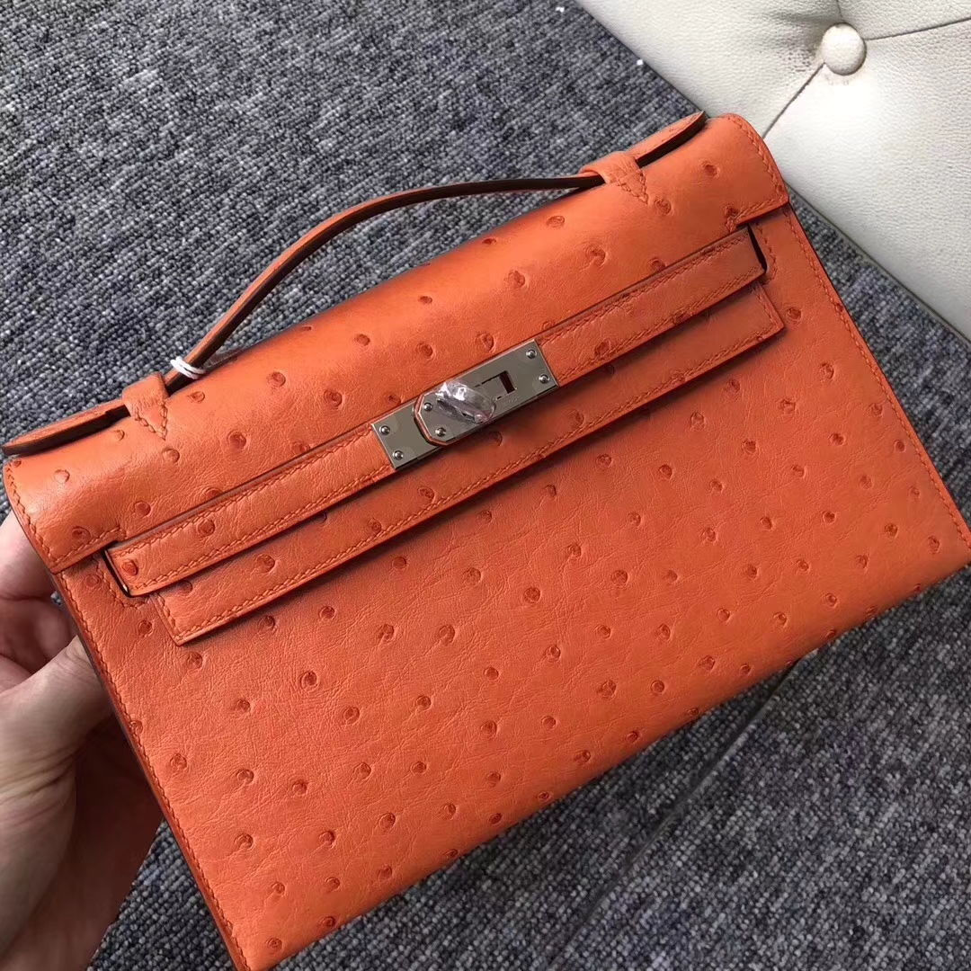 Hermès（爱马仕）Minikelly pochette Ostrich kk 鸵鸟93 橙色 orange 银扣 手拿包 晚宴包 22cm