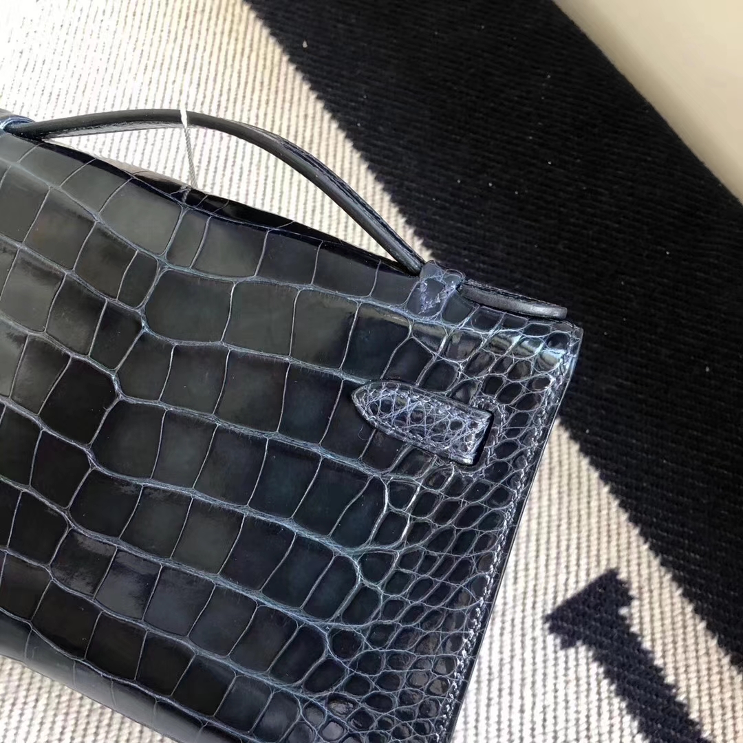 Hermès（爱马仕）MiniKelly 22cm Shiny alligator crocodile 亮面方块 美洲鳄鱼 CK76深海蓝 金扣 现货