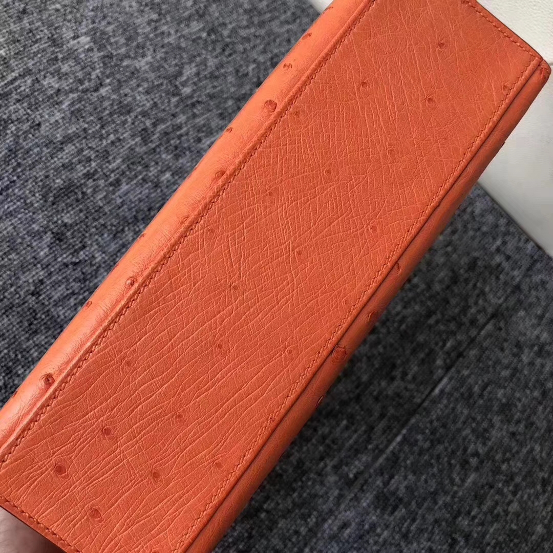 Hermès（爱马仕）Minikelly pochette Ostrich kk 鸵鸟93 橙色 orange 银扣 手拿包 晚宴包 22cm