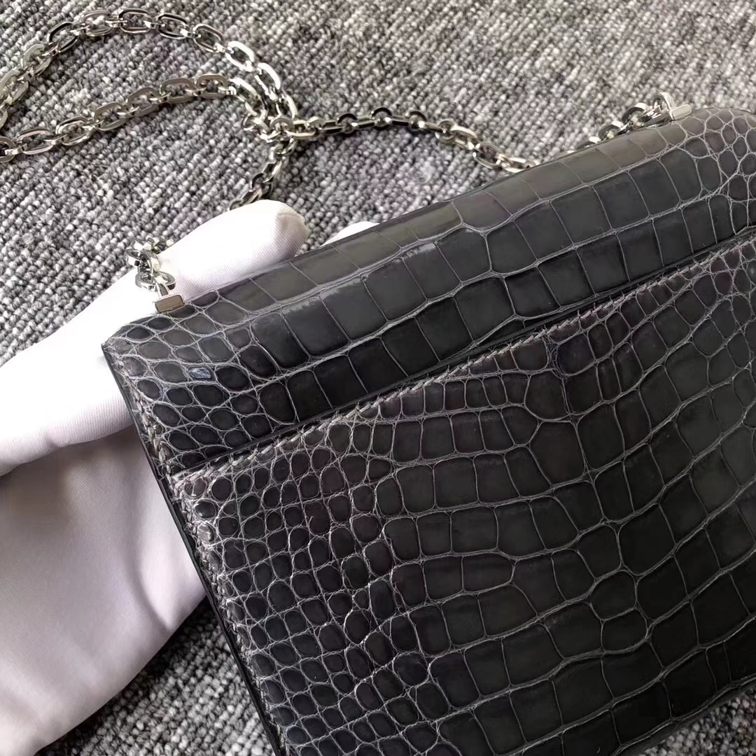 Hermès（爱马仕）定制款！Verrou17.5cm 手枪包 Alligator shiny 亮面鳄鱼 ck88 石墨灰 graphite 银扣