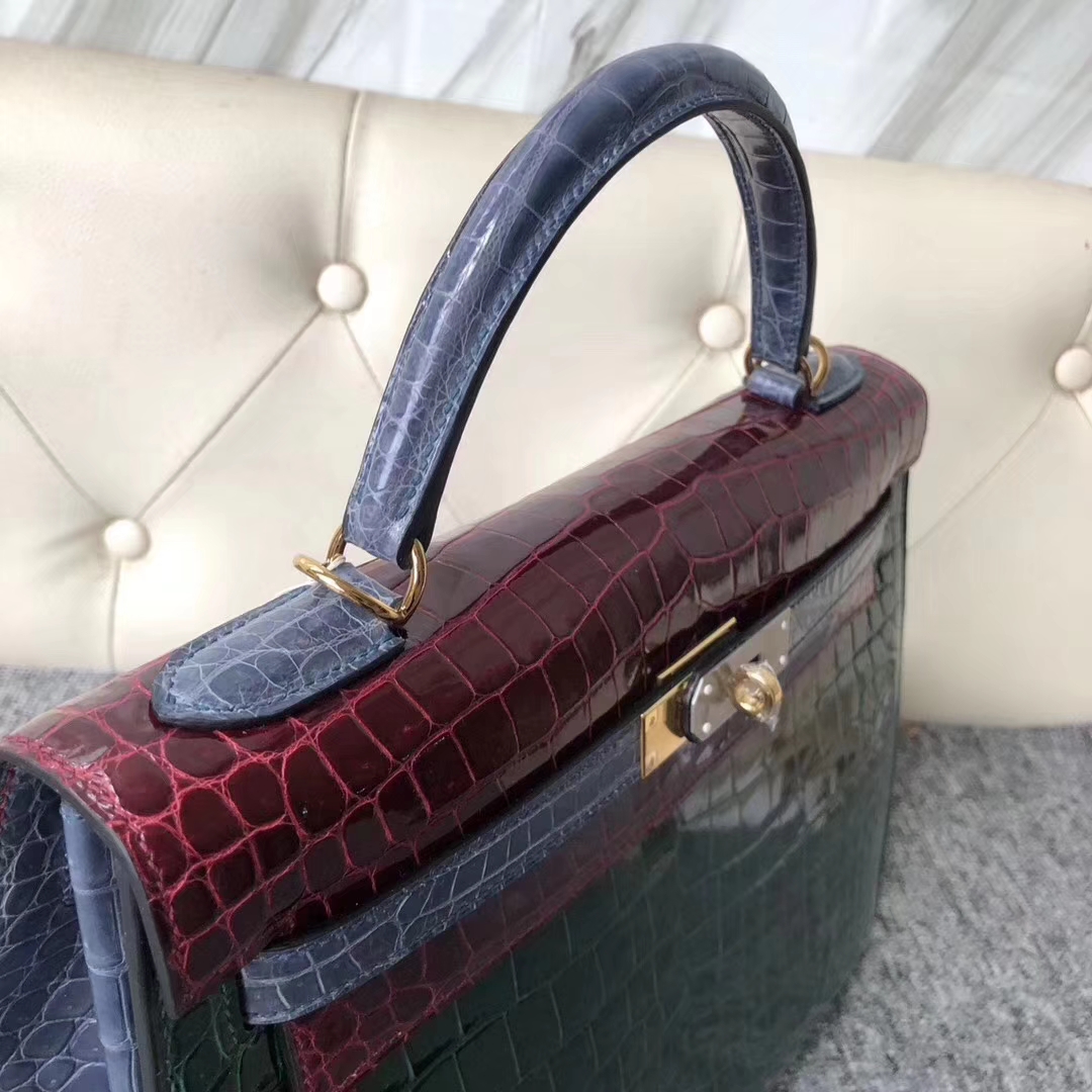 Hermès（爱马仕）Kelly凯莉包 porosus shiny 祖母绿勃艮第酒红风暴蓝金扣 马蹄印 32cm