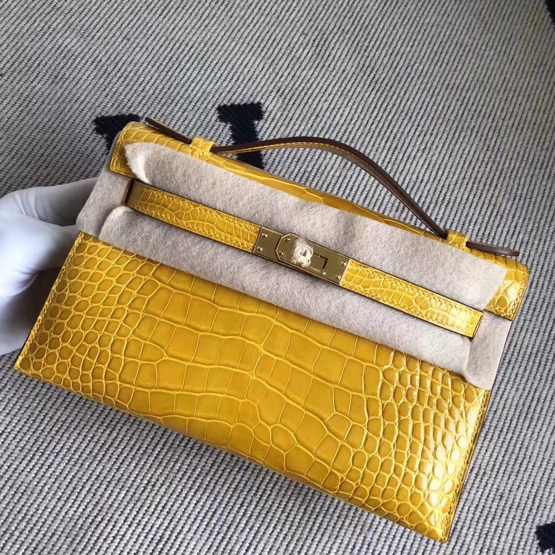 Hermès（爱马仕）MiniKelly 22cm Shiny alligator crocodile 亮面方块 美洲鳄鱼 9D琥珀黄 金扣 现货