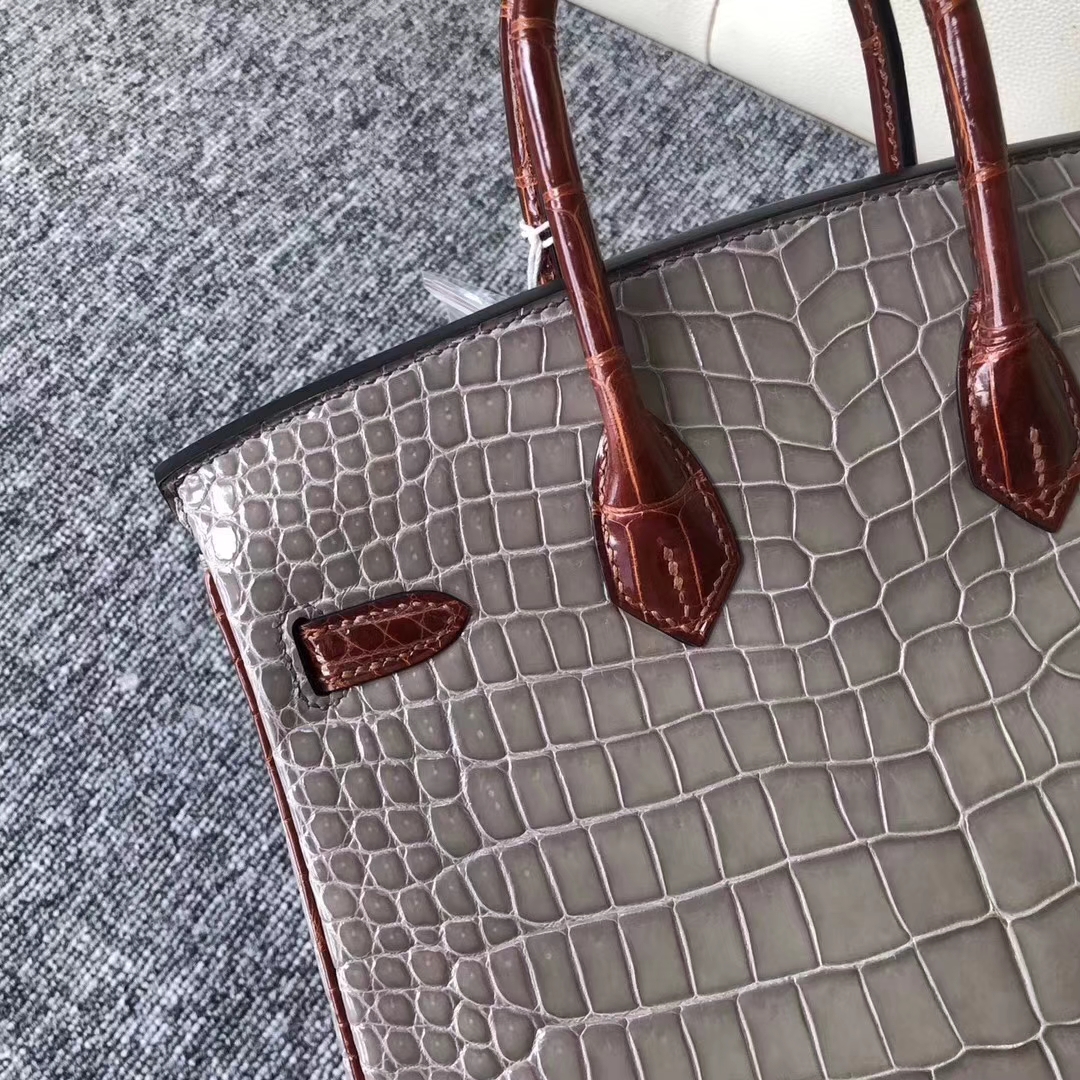 Hermès（爱马仕）Birkin铂金包 Porosus shiny 亮面澳洲鳄鱼 ck81 斑鸠灰  ck31 蜜糖棕 金扣 25cm