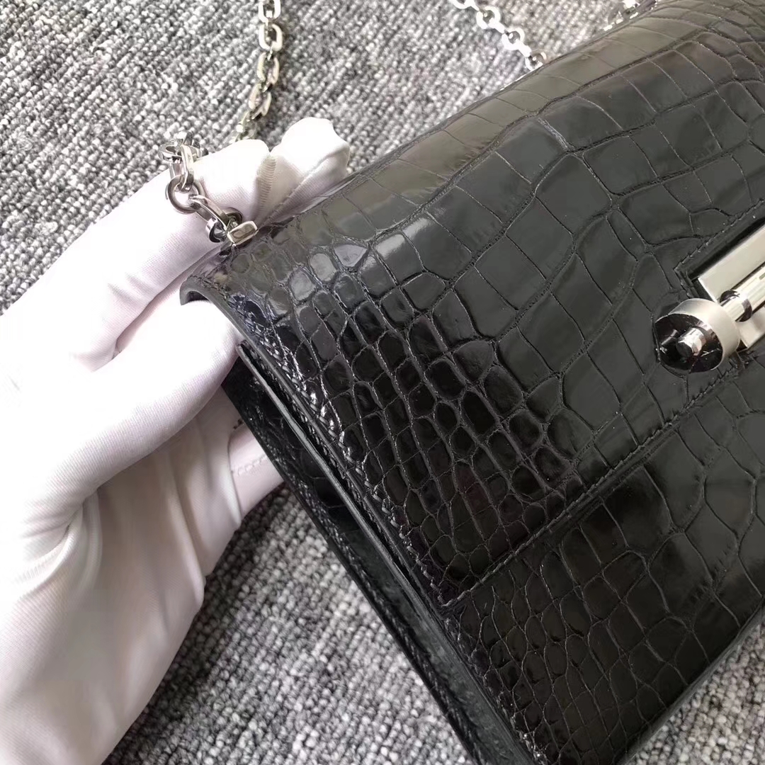 Hermès（爱马仕）定制款！Verrou17.5cm 手枪包 Alligator shiny 亮面鳄鱼 ck89 黑色 noir 银扣