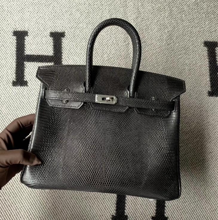 Hermès（爱马仕）Birkin铂金包 黑色 精选顶级蜥蜴皮 银扣 25cm