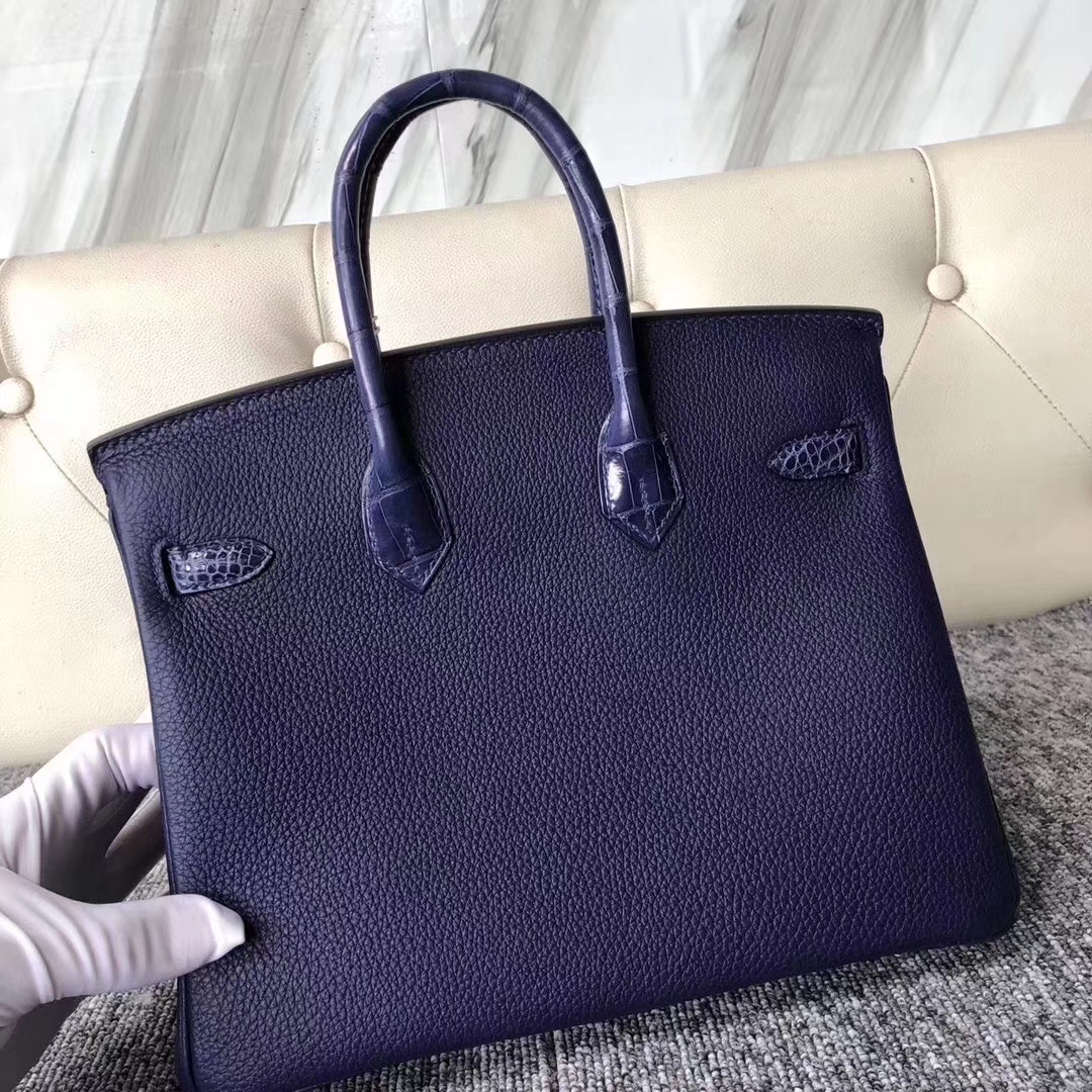 Hermès（爱马仕）Birkin 铂金包 M3 墨水蓝墨水蓝鳄鱼 银扣 定制款 25cm