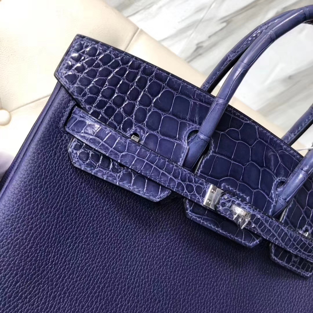 Hermès（爱马仕）Birkin 铂金包 M3 墨水蓝墨水蓝鳄鱼 银扣 定制款 25cm