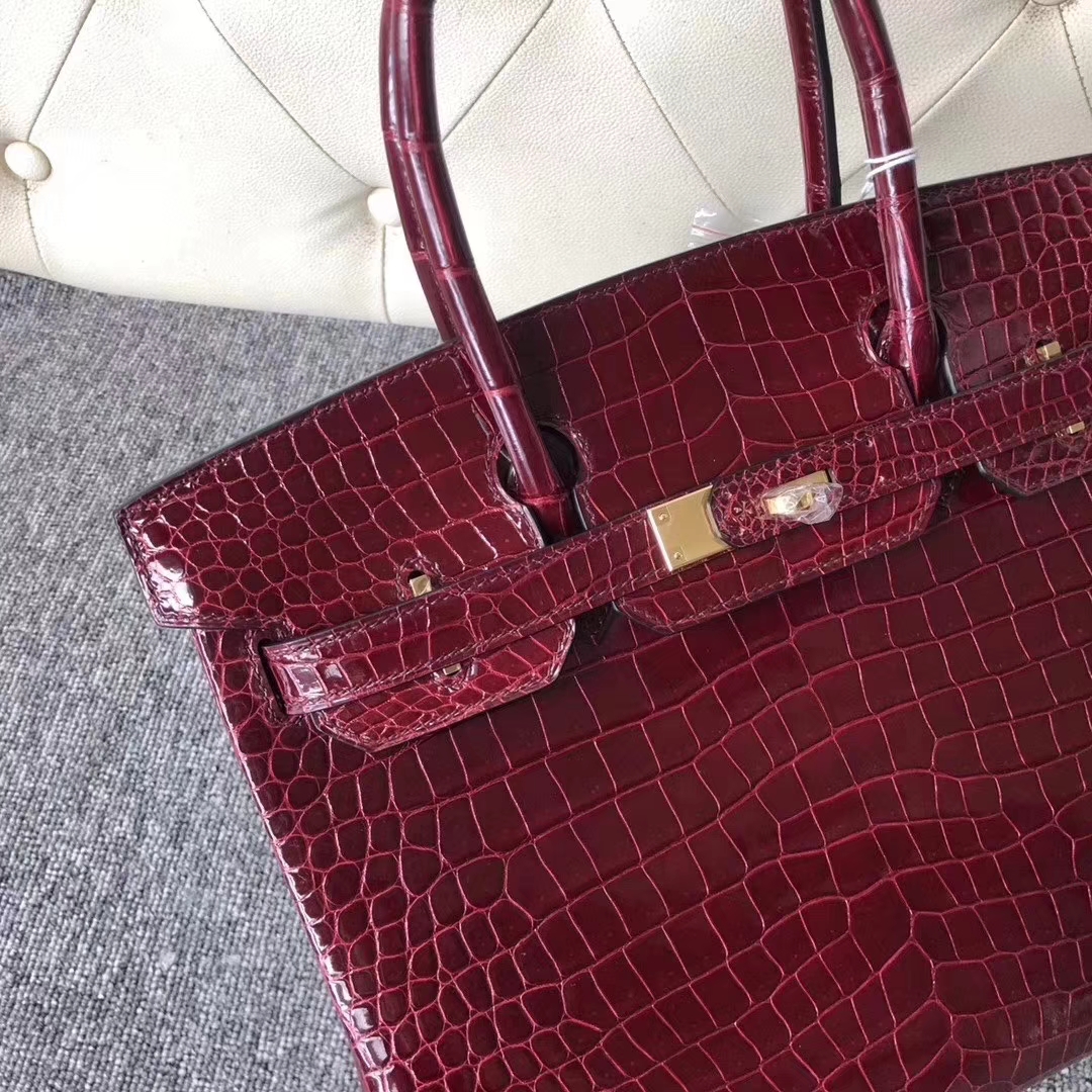 Hermès（爱马仕）Birkin 铂金包 Porosus shiny 亮面澳洲湾鳄 F5 勃艮第酒红 金扣 30cm