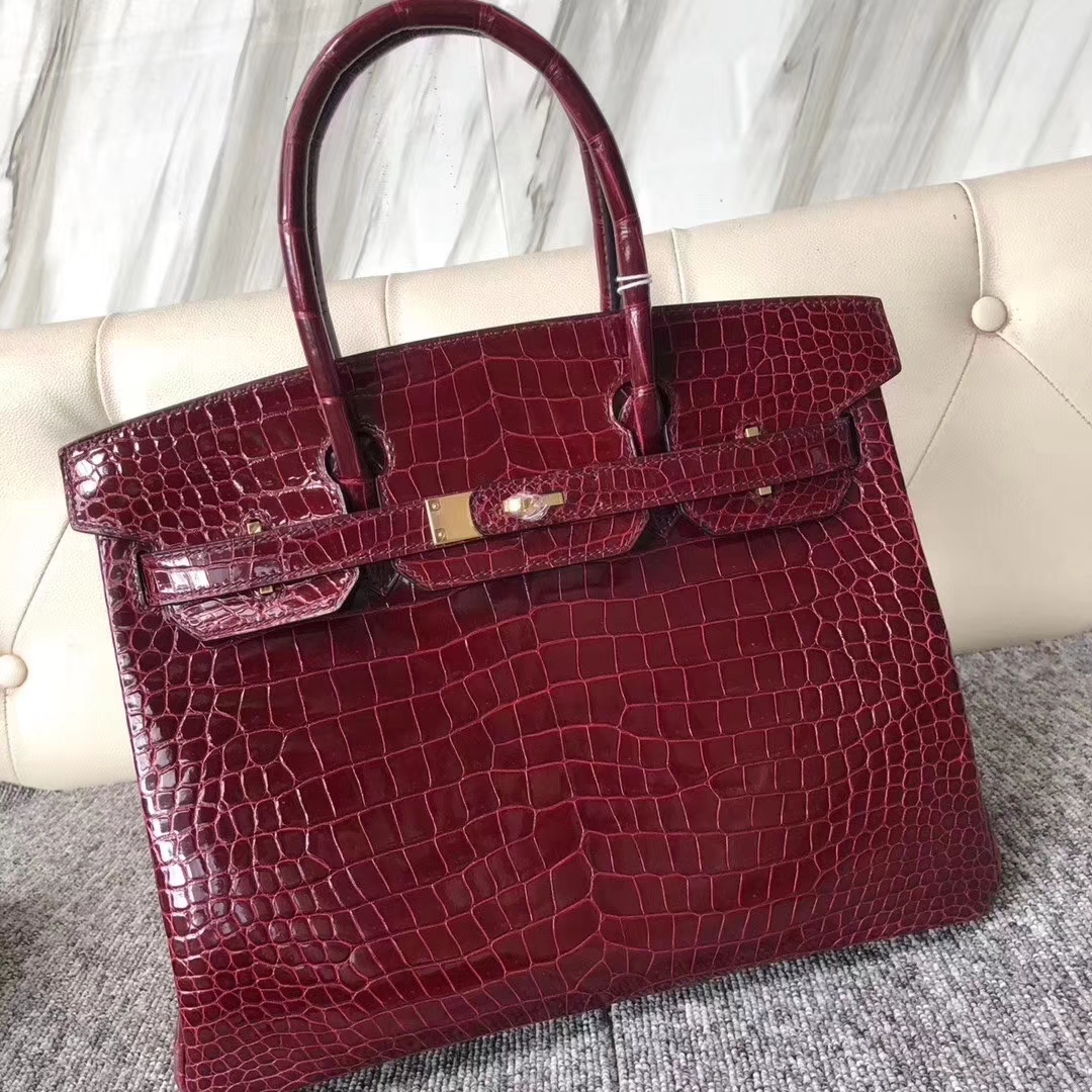 Hermès(爱马仕)Birkin 铂金包 Porosus shiny 亮面澳洲湾鳄 F5 勃艮第酒红 金扣 30cm-拉尔森鳄鱼皮具定制 - 爱马仕包包官网 Hermès(爱马仕)Birkin 铂金包 Porosus shiny 亮面澳洲湾鳄 F5 勃艮第酒红 金扣 30cm