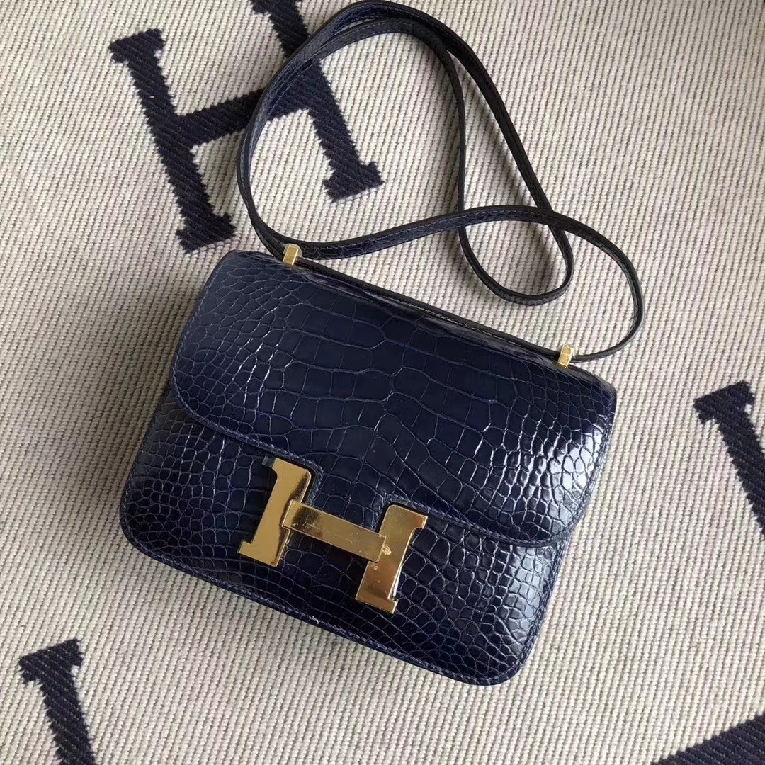 Hermès（爱马仕）Constance 空姐包 亮面方块 美洲鳄鱼 CK73宝石蓝 Blue Sapphire 完美品相 金扣 19cm