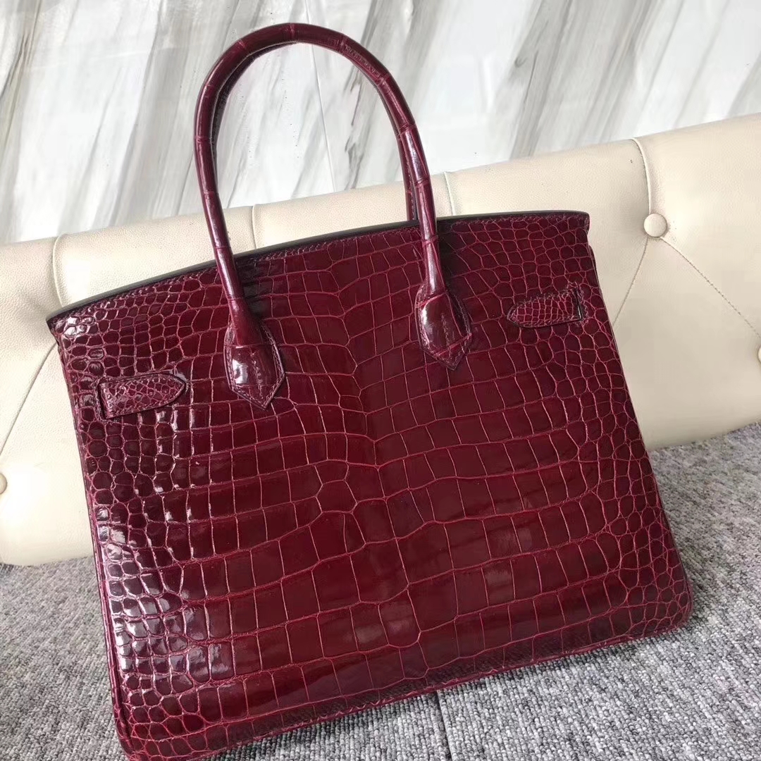 Hermès（爱马仕）Birkin 铂金包 Porosus shiny 亮面澳洲湾鳄 F5 勃艮第酒红 金扣 30cm