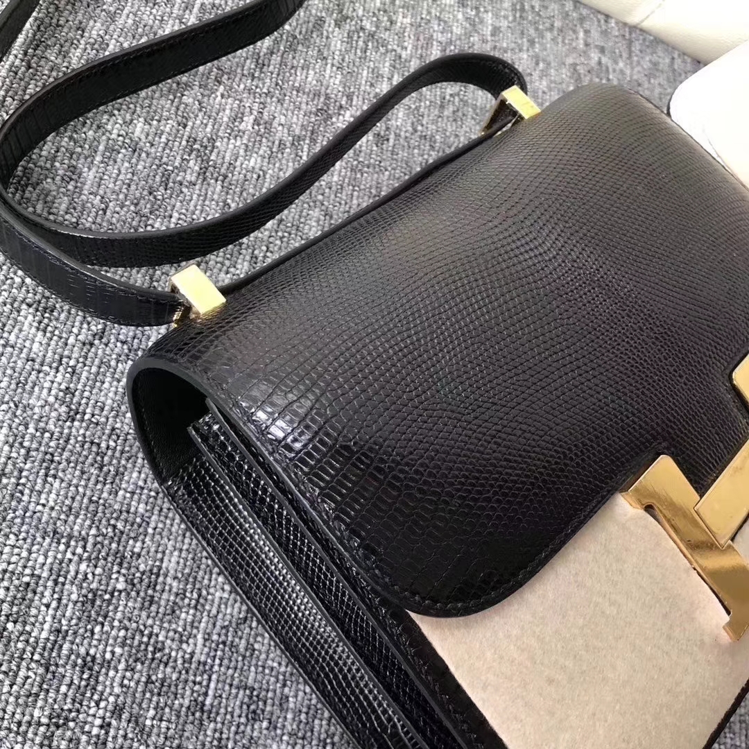 Hermès(爱马仕)Constance 空姐包 lizard 进口亮面蜥蜴 ck89 黑色 noir 金扣 24cm-拉尔森鳄鱼皮具定制 - 爱马仕包包官网 Hermès(爱马仕)Constance 空姐包 lizard 进口亮面蜥蜴 ck89 黑色 noir 金扣 24cm