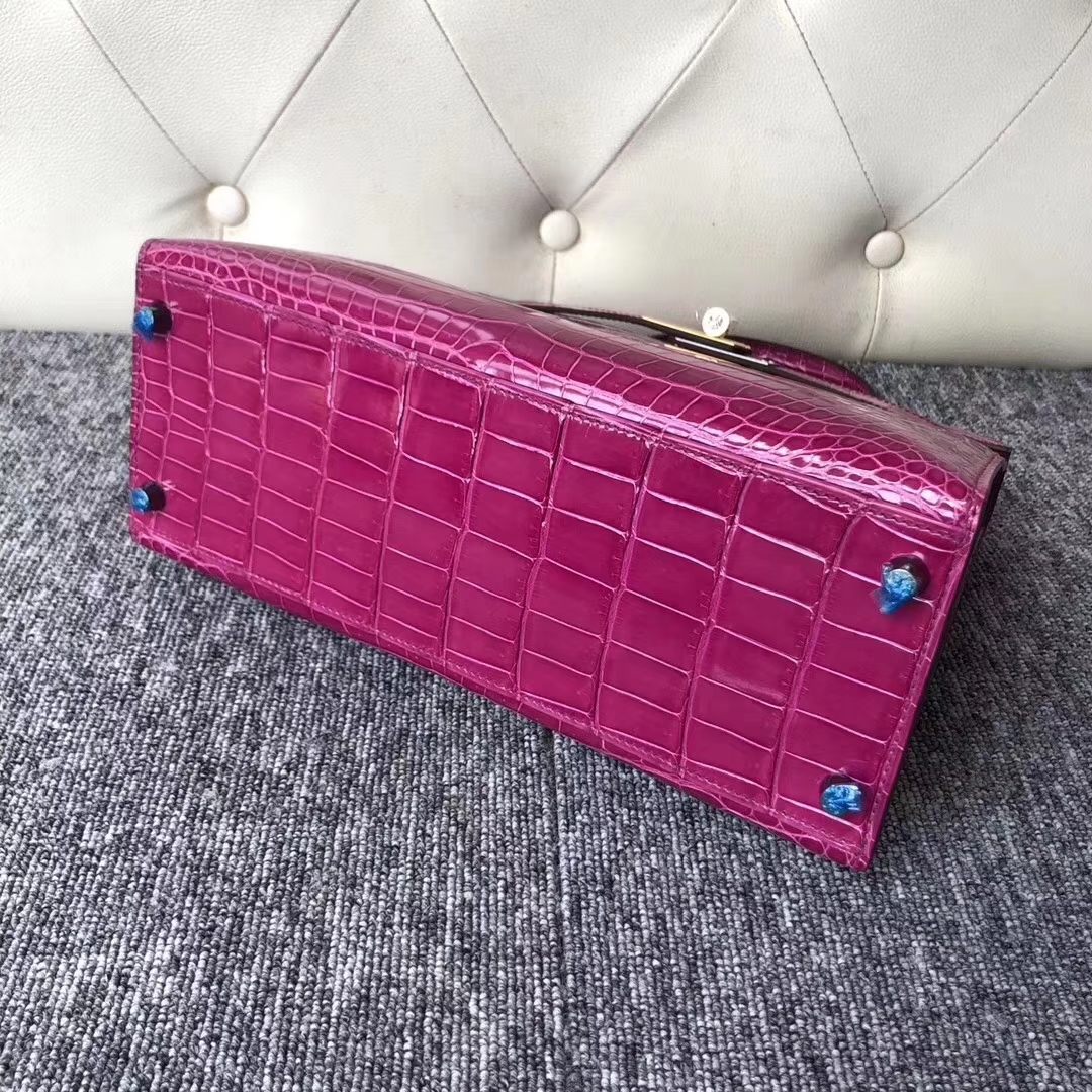 Hermès（爱马仕）Kelly 凯莉包 Porosus shiny 亮面澳洲湾鳄J5 天方夜谭粉紫 金扣 28cm