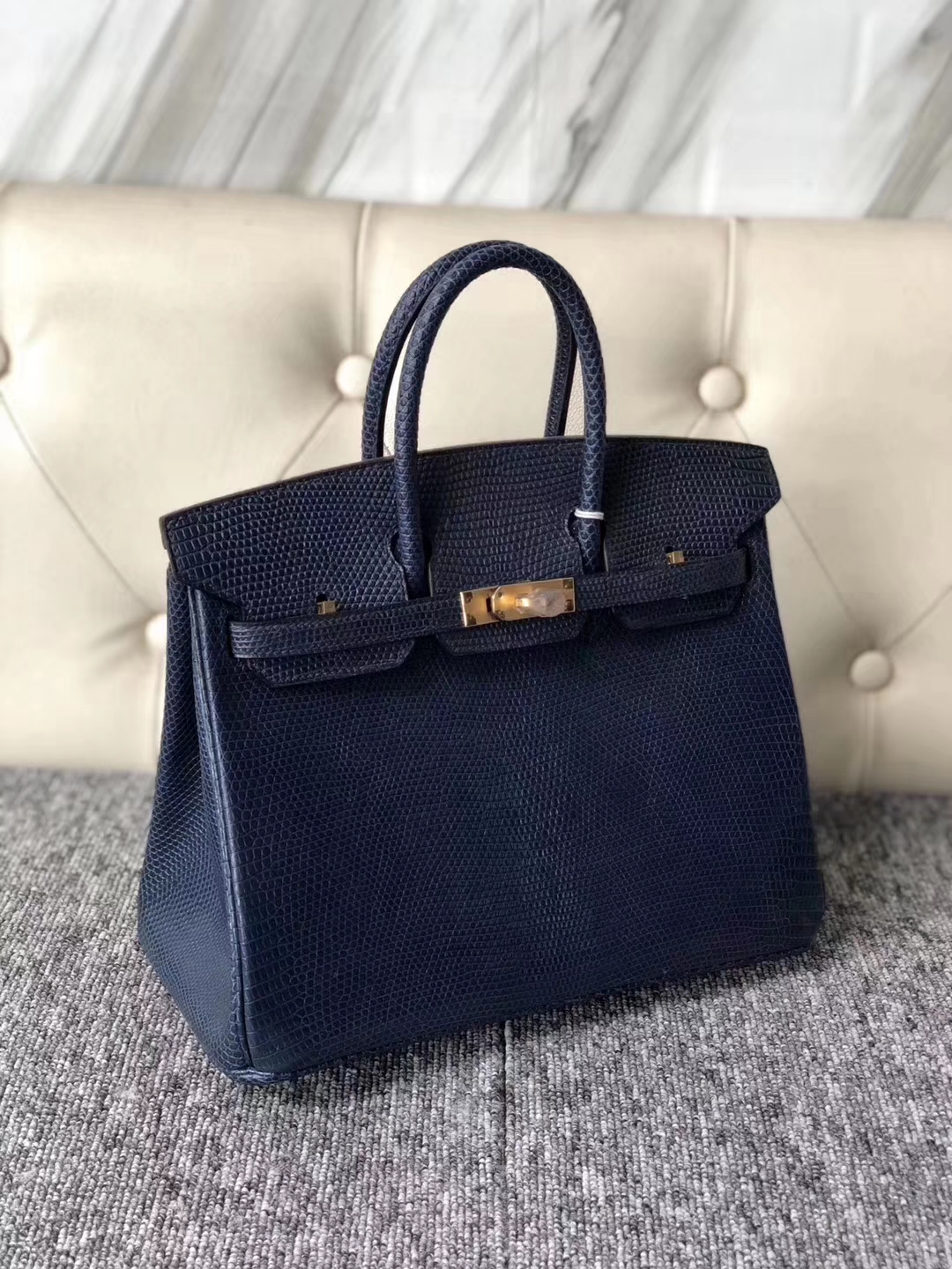 Hermès（爱马仕）Birkin 铂金包 Lizard 进口亮面蜥蜴 7K 宝石蓝 金扣 25cm 现货