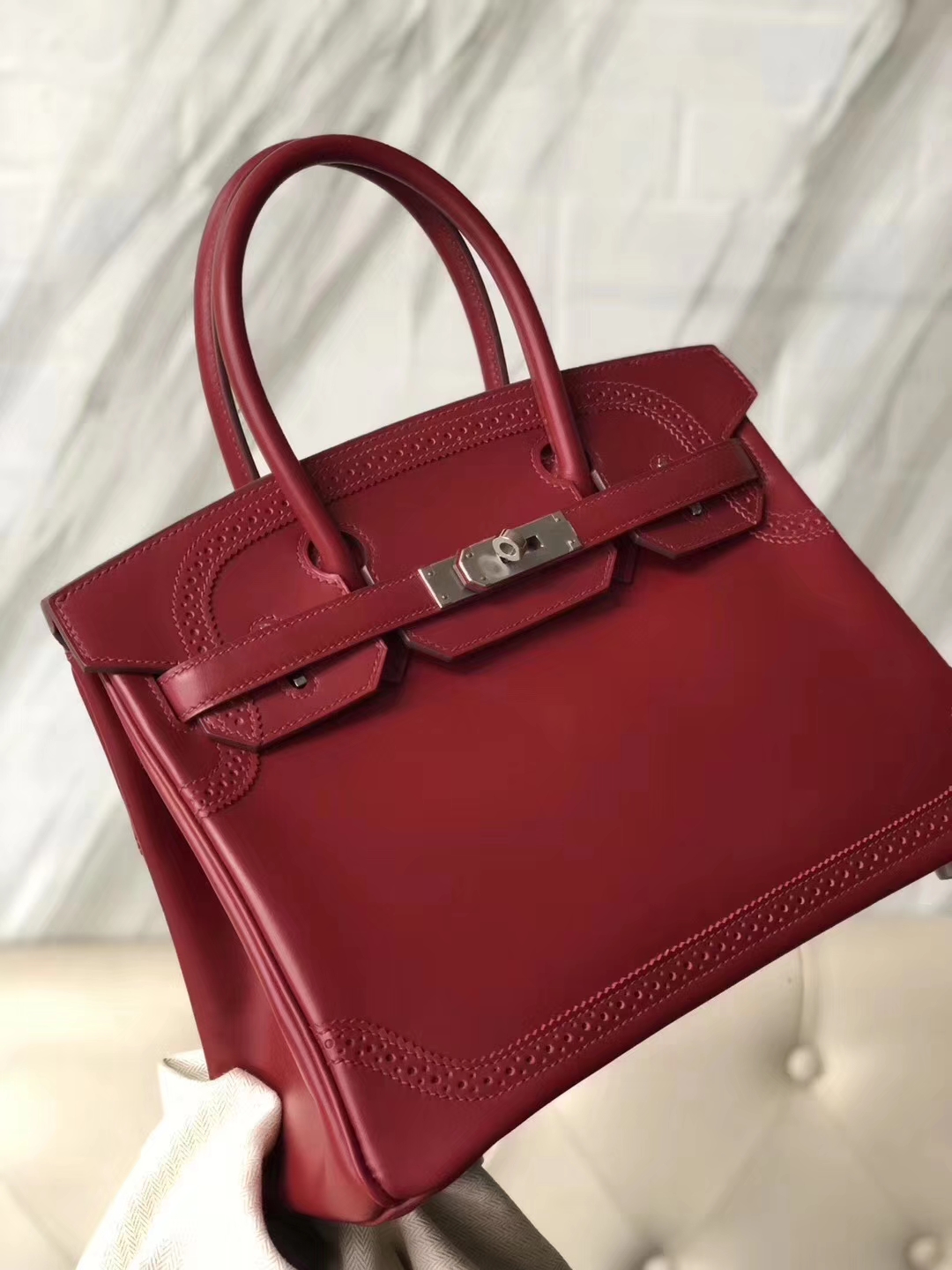 Hermès（爱马仕）Birkin铂金包 蕾丝 Boxcalf  宝石红 银扣 顶级手缝 超美现货 30cm