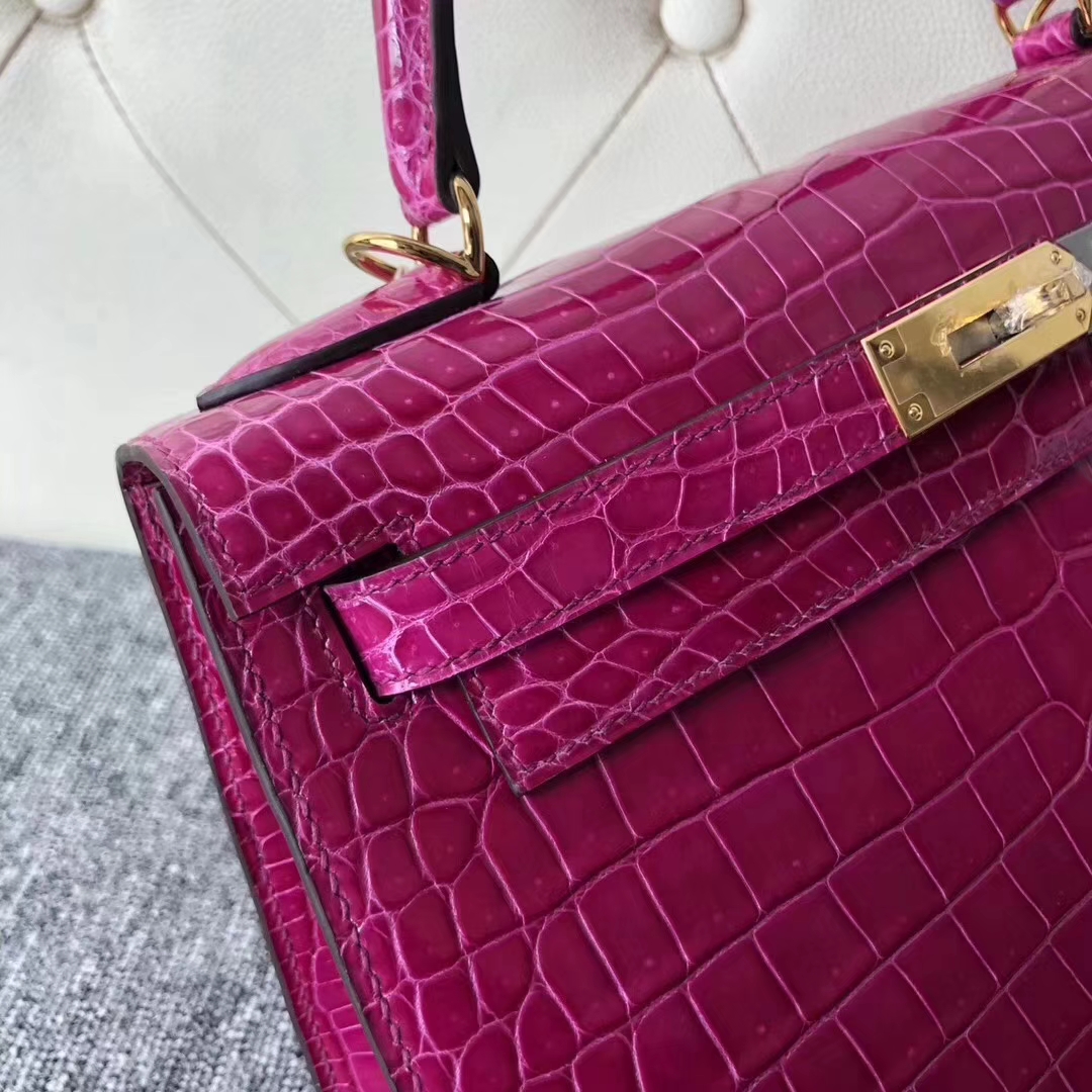 Hermès（爱马仕）Kelly 凯莉包 Porosus shiny 亮面澳洲湾鳄J5 天方夜谭粉紫 金扣 28cm