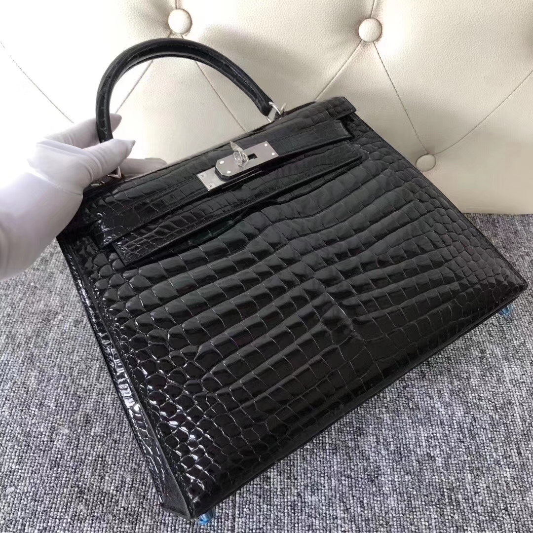Hermès（爱马仕）Kelly 凯莉包 Porosus shiny 亮面澳洲鳄鱼 ck89 黑色 银扣 拱珠皮 28cm