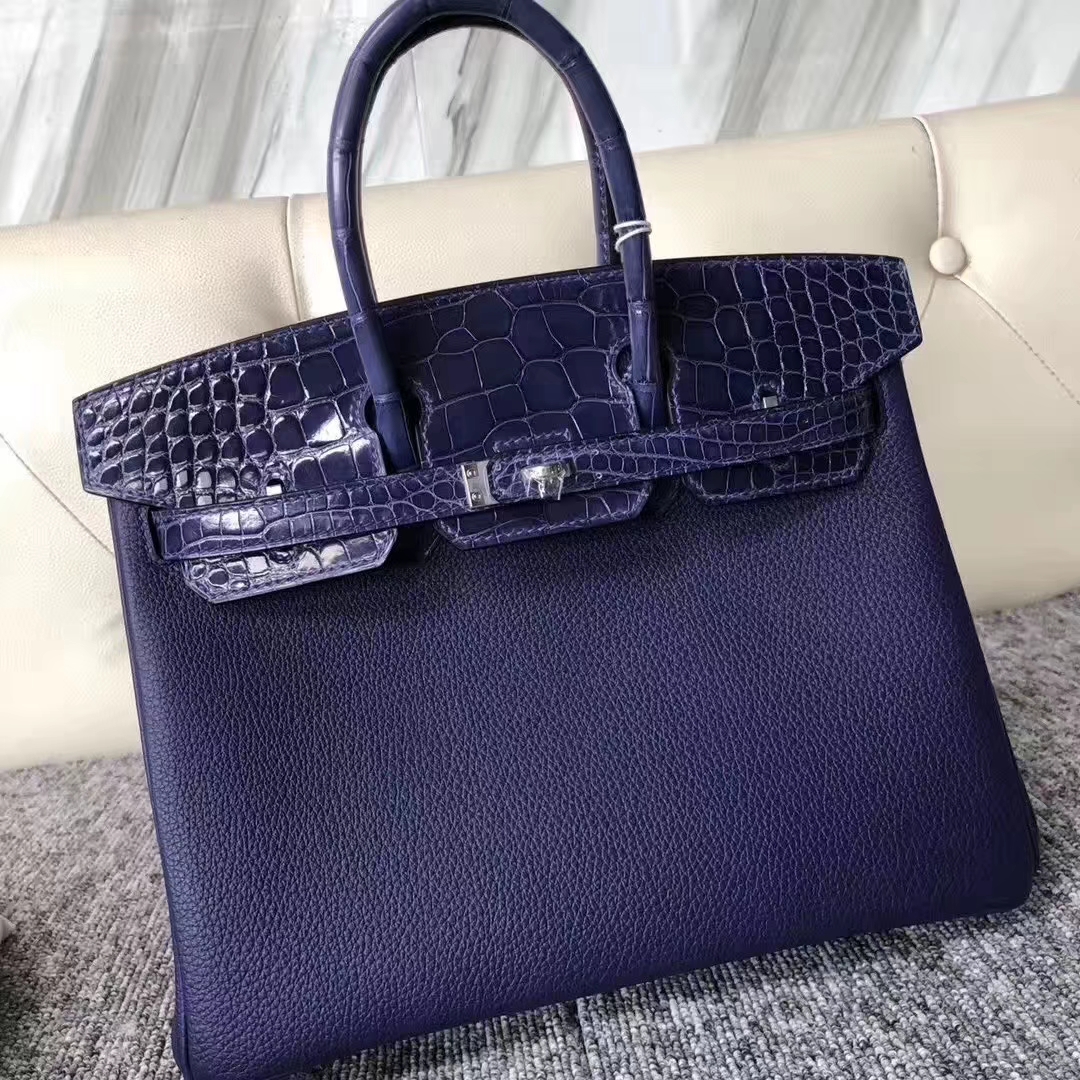 Hermès（爱马仕）Birkin 铂金包 M3 墨水蓝墨水蓝鳄鱼 银扣 定制款 25cm