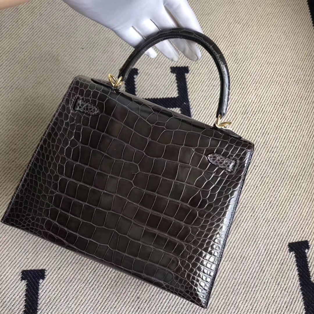 Hermès（爱马仕）Kelly 凯莉包 Alligator shiny 亮面鳄鱼 ck88 石墨灰 金扣 顶级手缝 25cm 现货