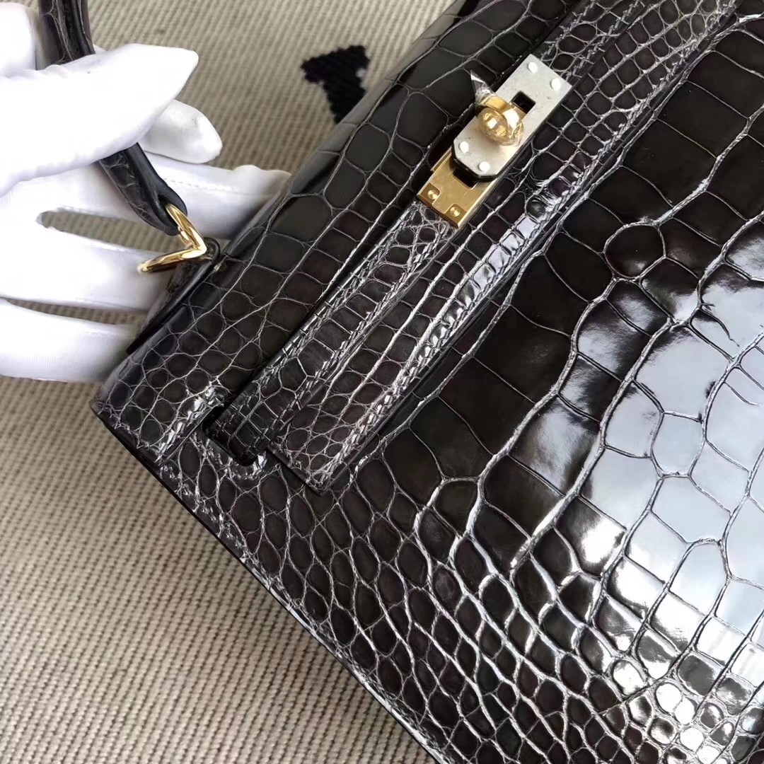 Hermès（爱马仕）Kelly 凯莉包 Alligator shiny 亮面鳄鱼 ck88 石墨灰 金扣 顶级手缝 25cm 现货