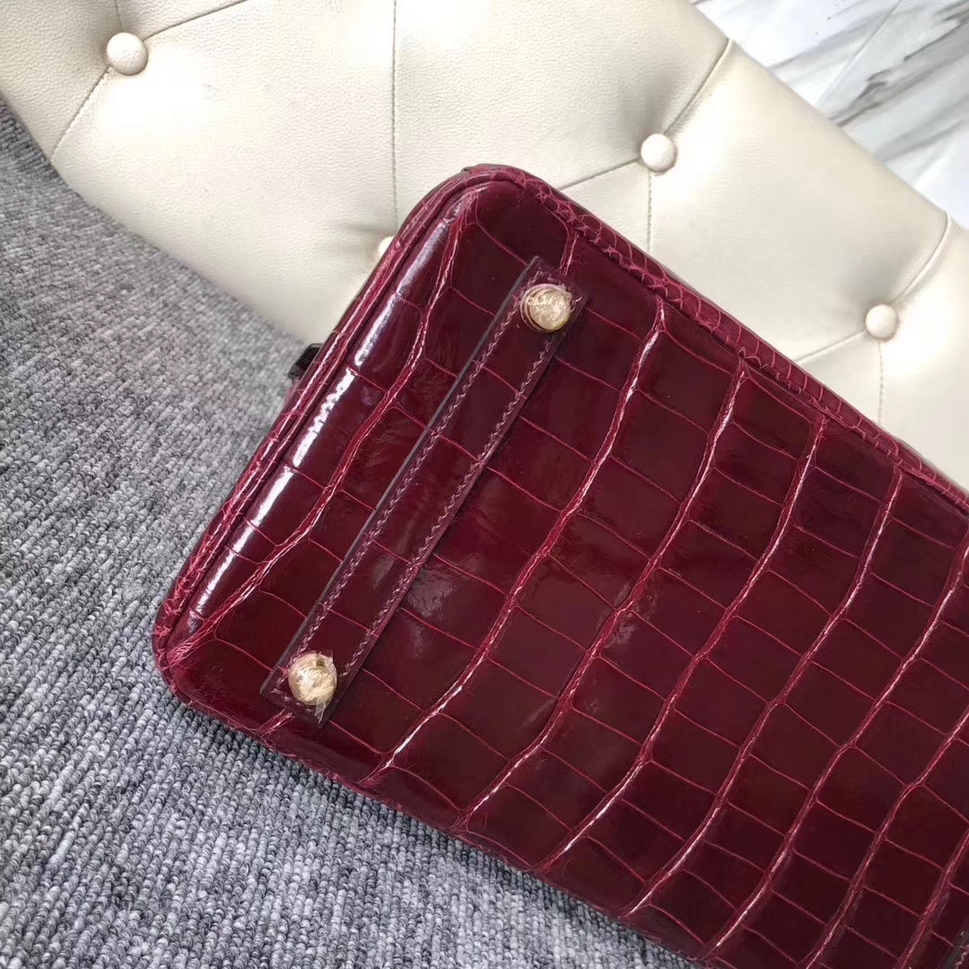 Hermès（爱马仕）Birkin 铂金包 Porosus shiny 亮面澳洲湾鳄 F5 勃艮第酒红 金扣 30cm
