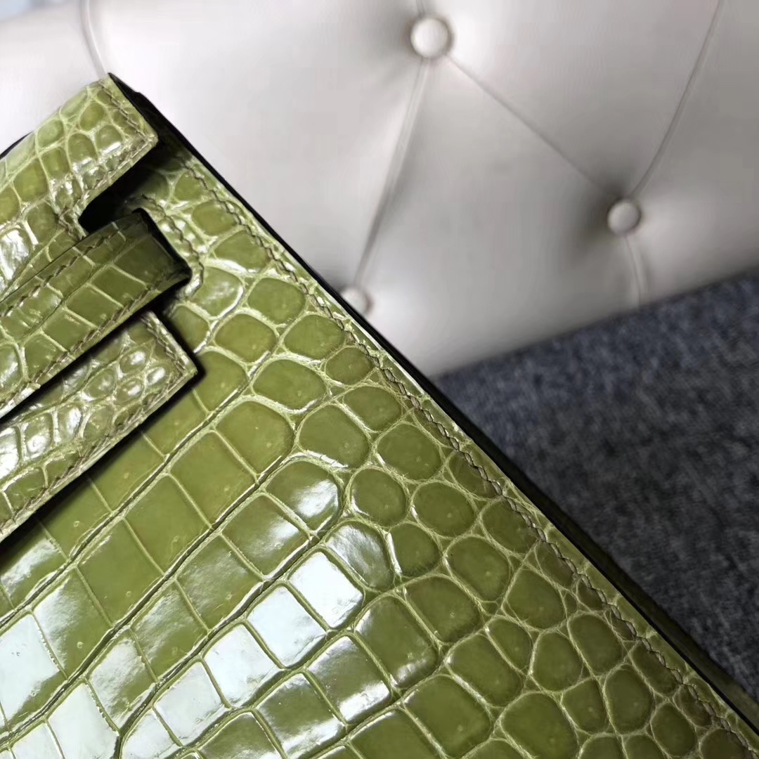 Hermès（爱马仕）Kelly 凯莉包 Porosus shiny 亮面澳洲湾鳄 6R 奇异果绿 金扣 28cm